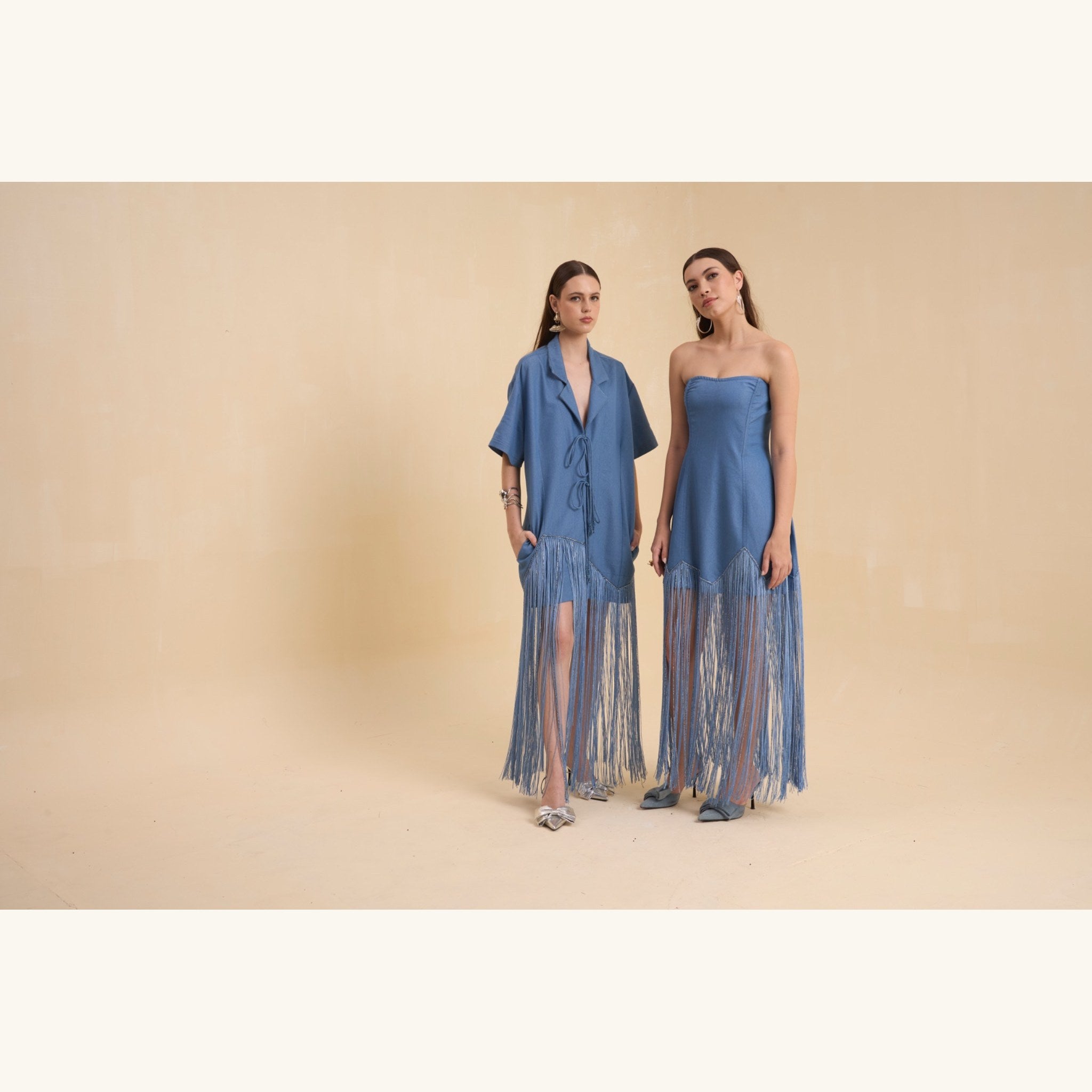 RIV DENIM BLUE FRINGED BLAZER DRESS
