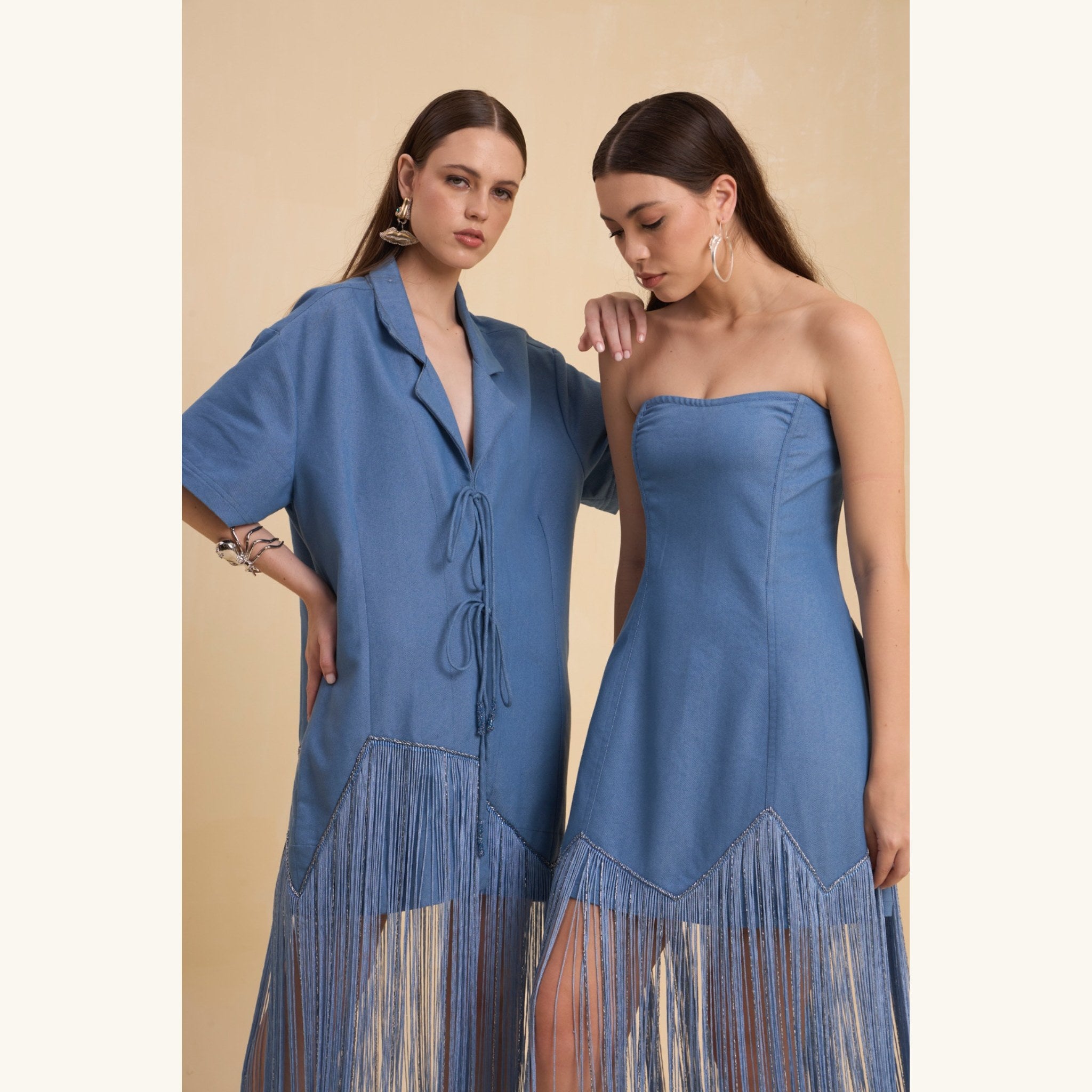 RIV DENIM BLUE FRINGED BLAZER DRESS