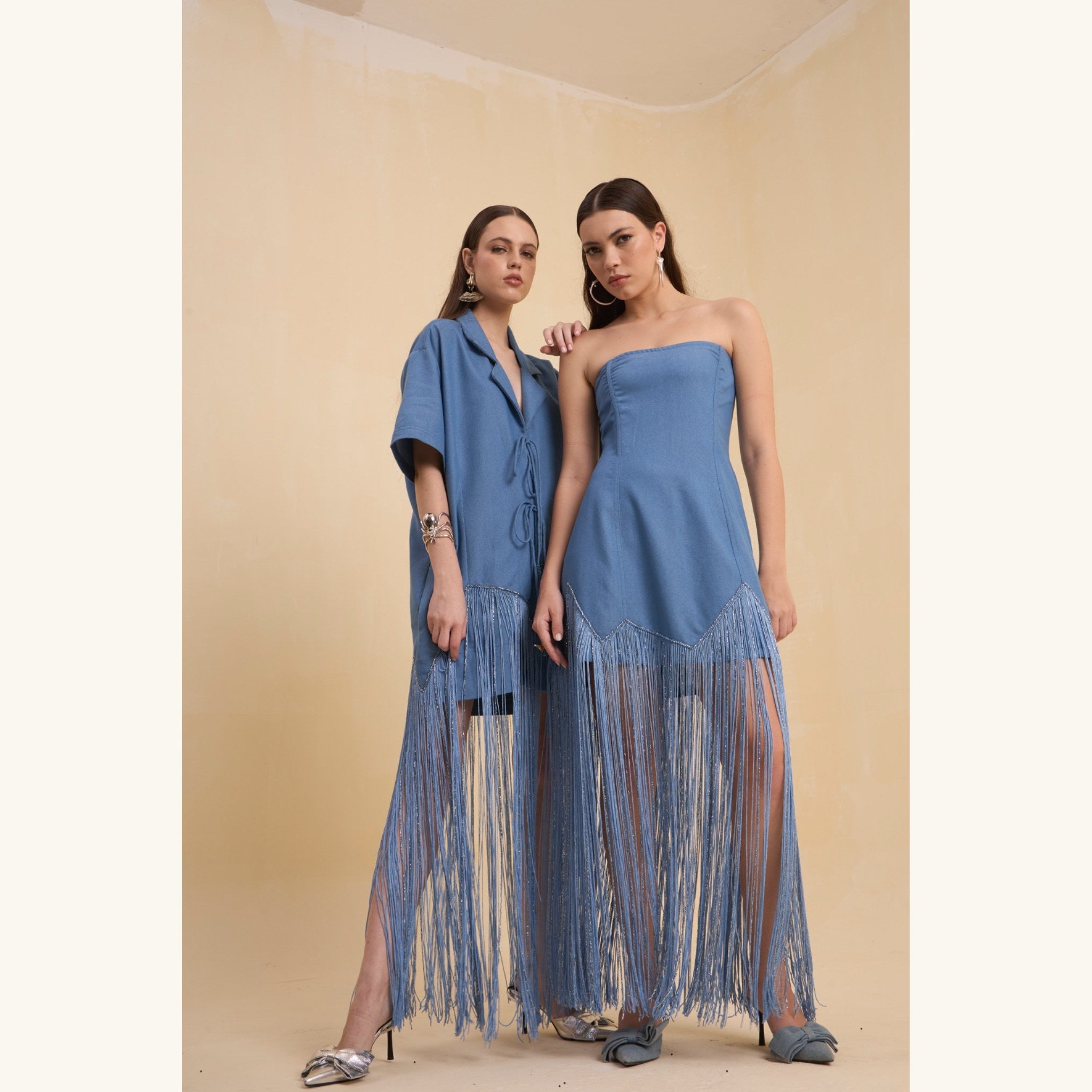 RIV DENIM BLUE FRINGED BLAZER DRESS
