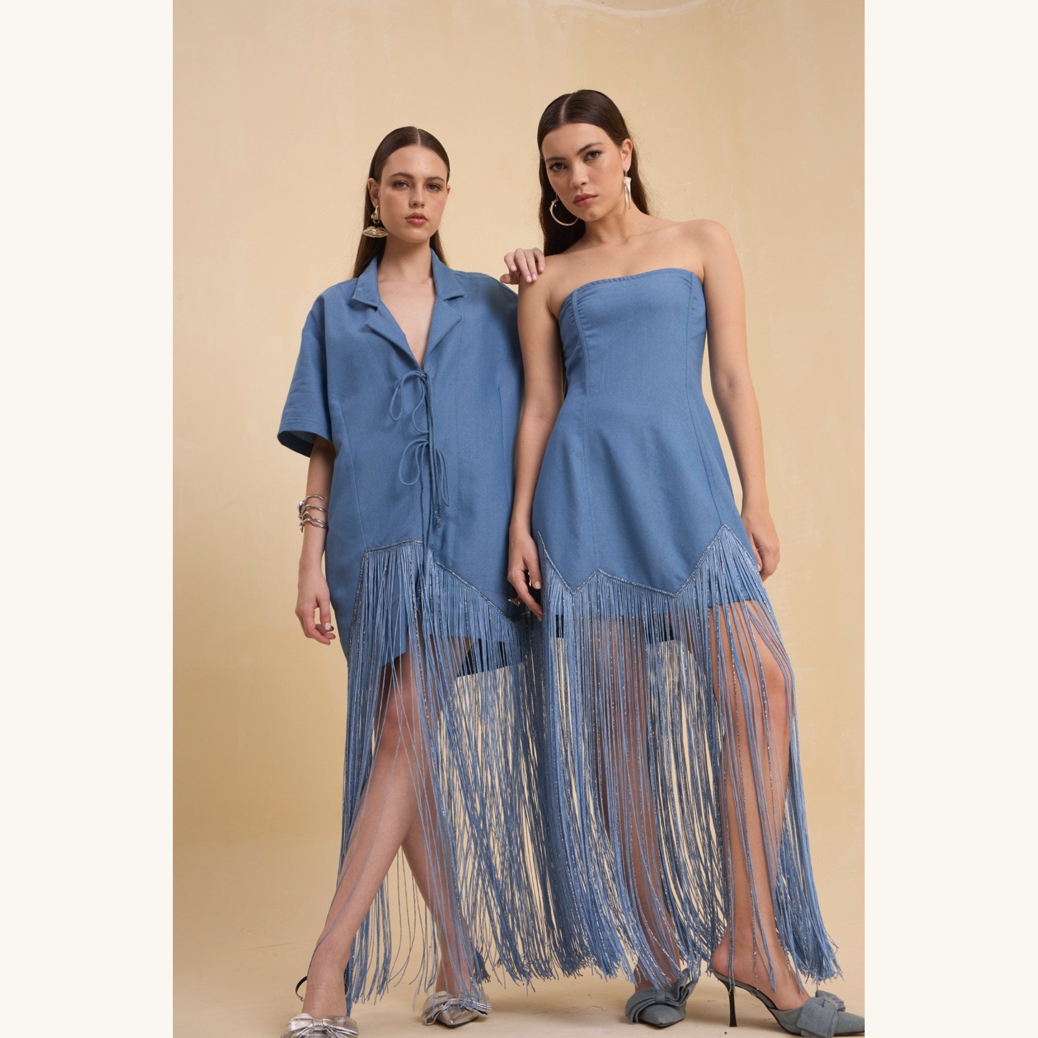RIV DENIM BLUE FRINGED BLAZER DRESS