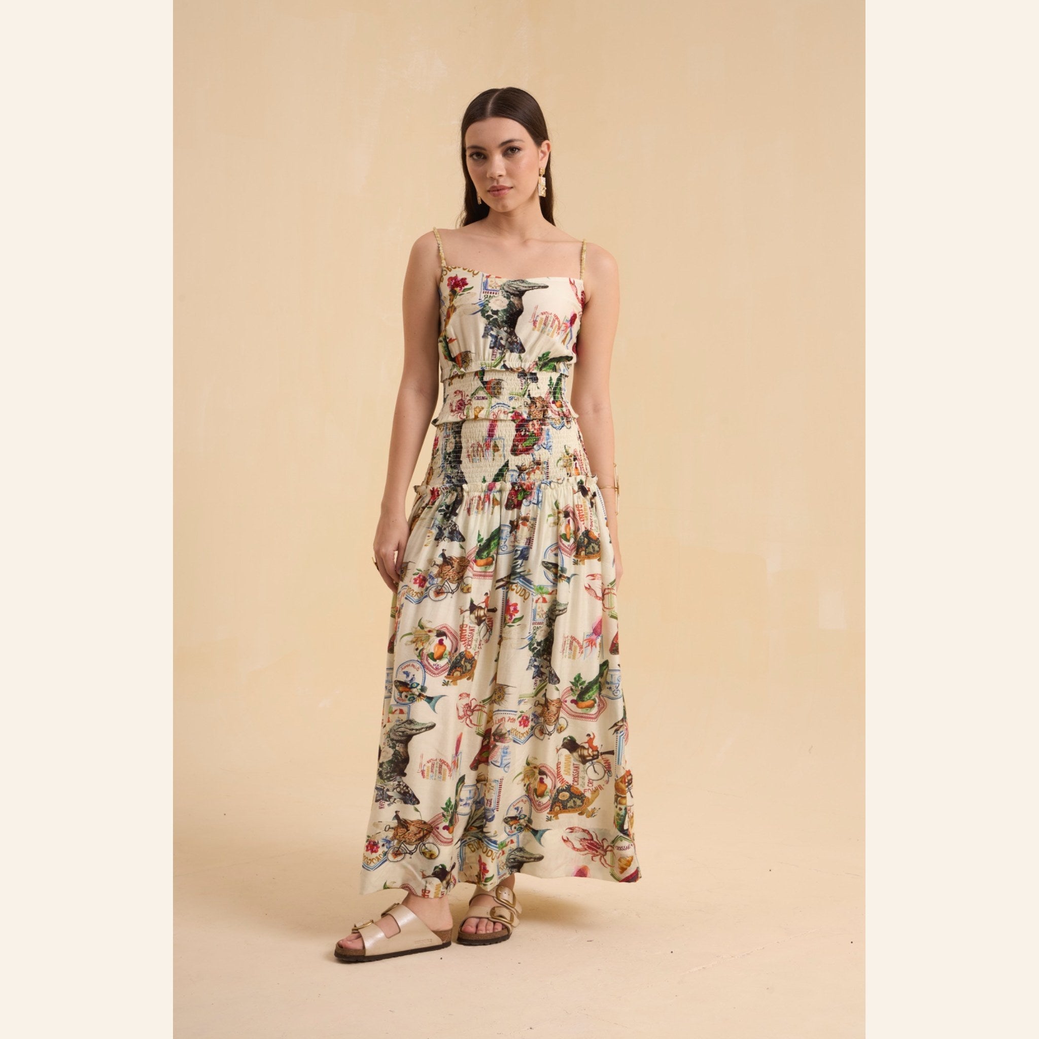 RIV IVORY PRINTED SMOCKED STAPPY DRESS LONG