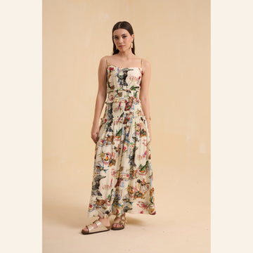 RIV IVORY PRINTED SMOCKED STAPPY DRESS LONG