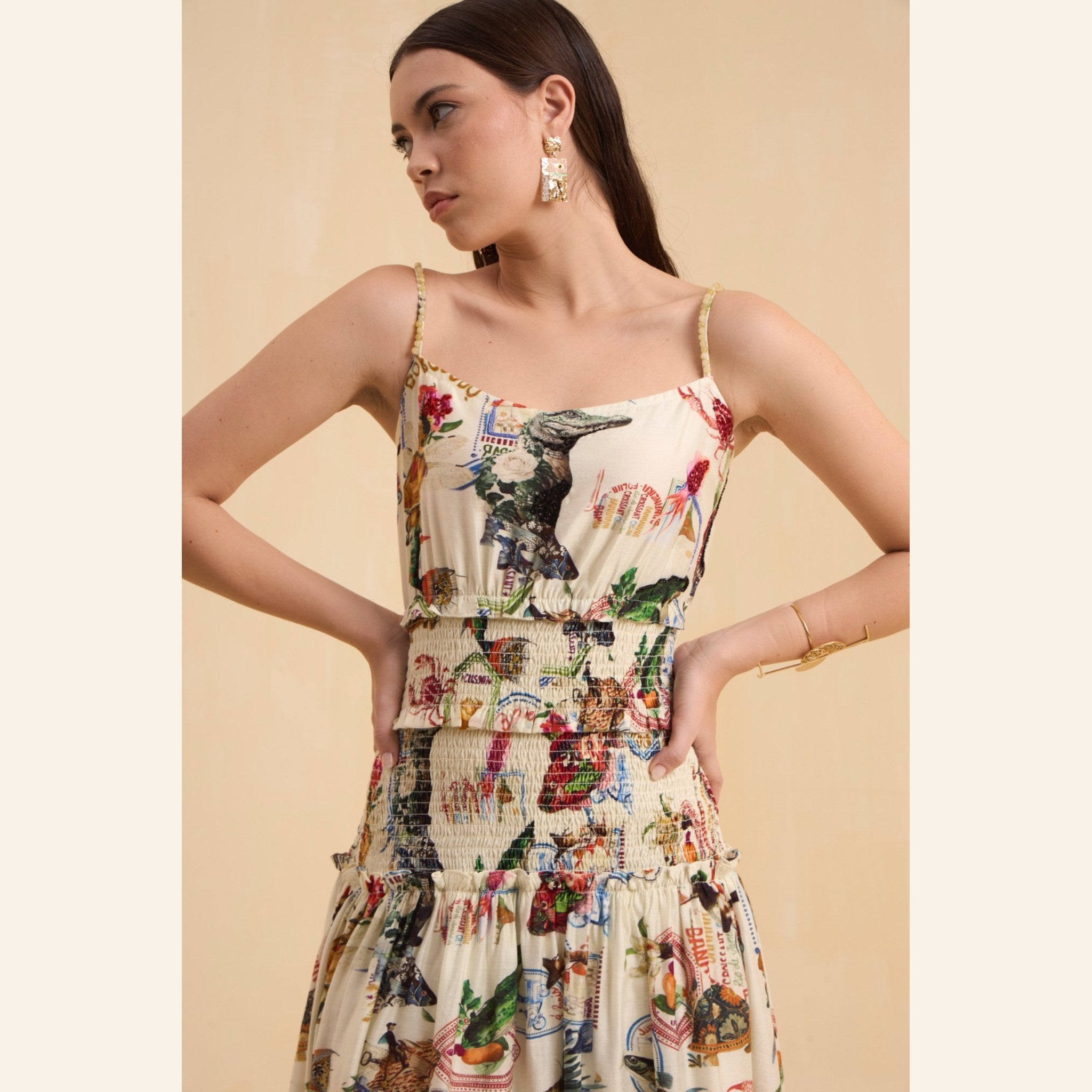 RIV IVORY PRINTED SMOCKED STAPPY DRESS LONG