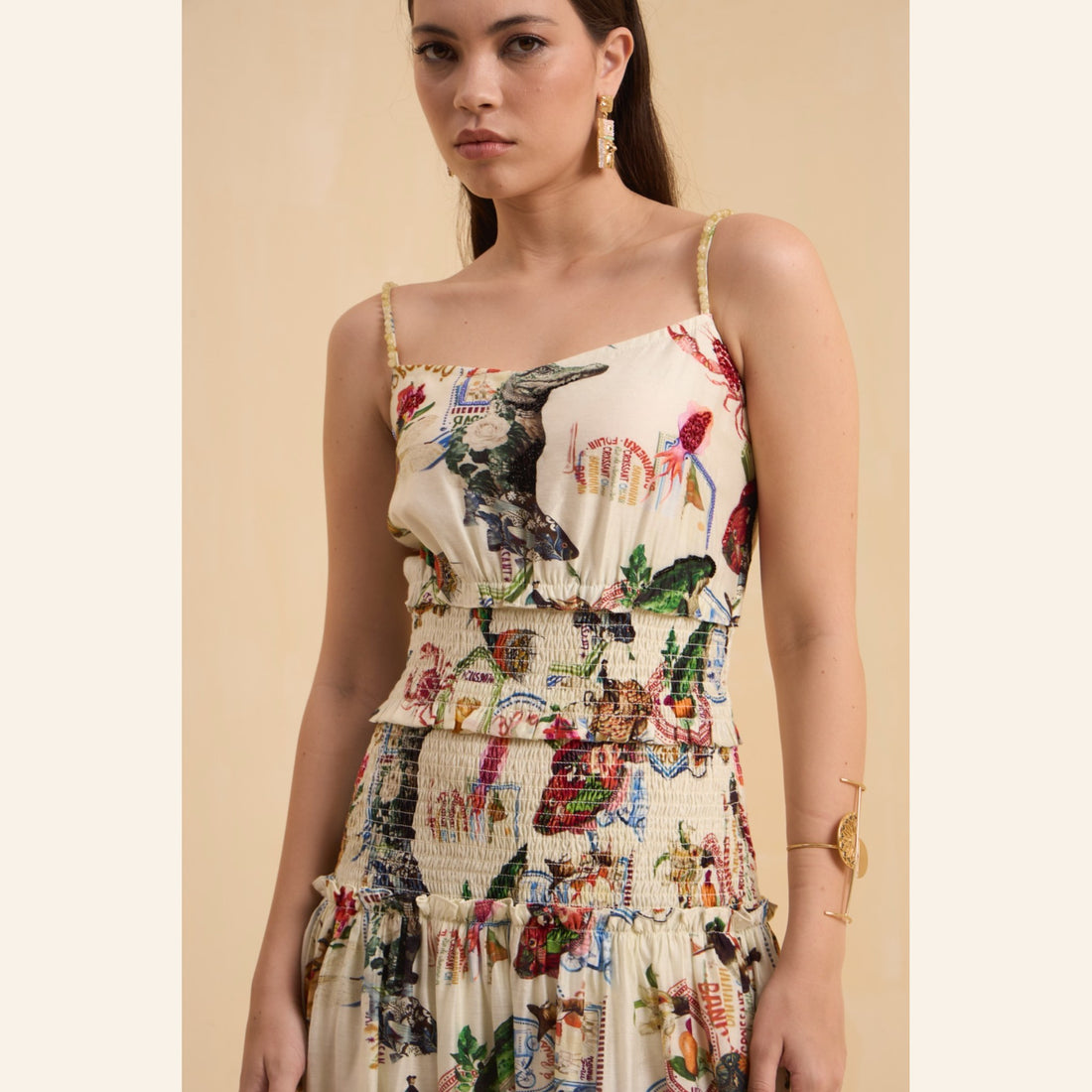 RIV IVORY PRINTED SMOCKED STAPPY DRESS LONG