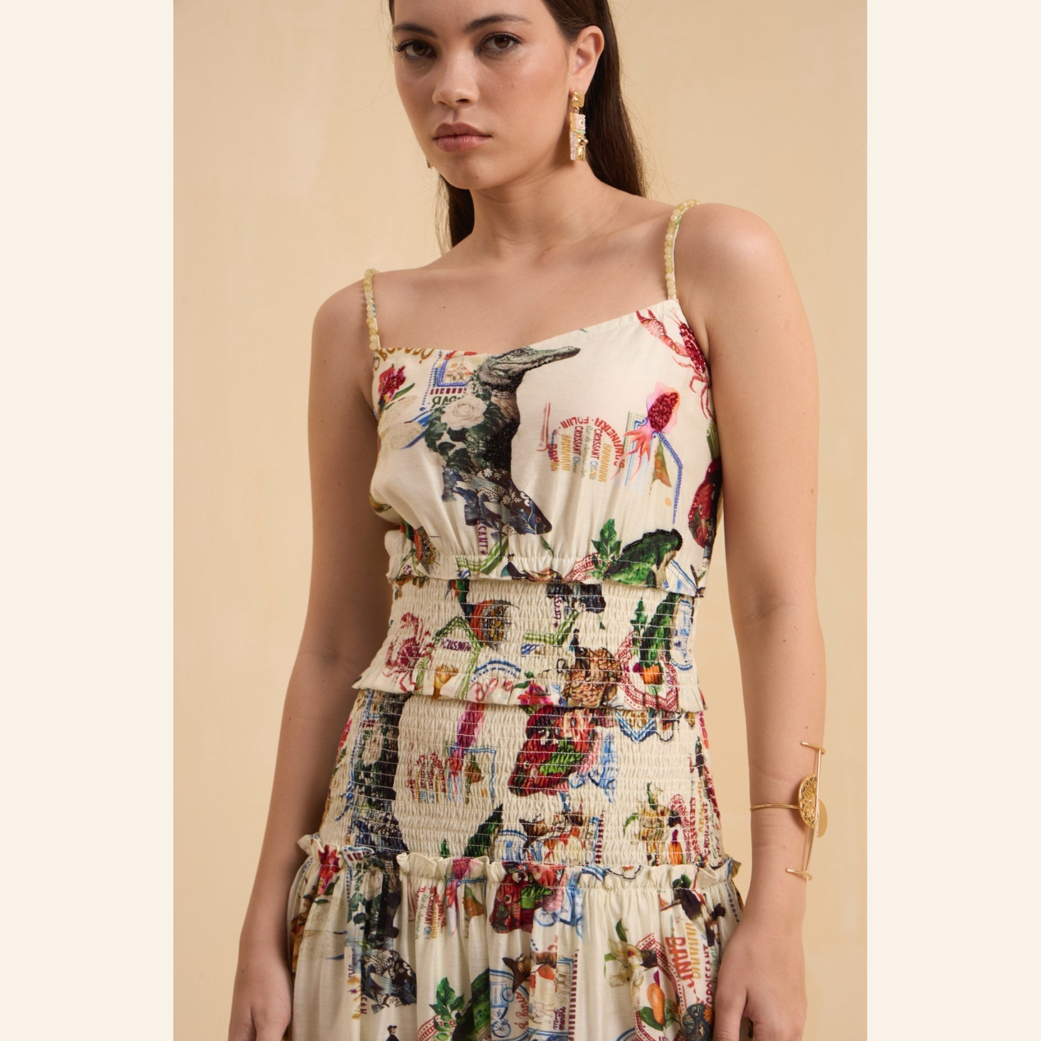 RIV IVORY PRINTED SMOCKED STAPPY DRESS LONG