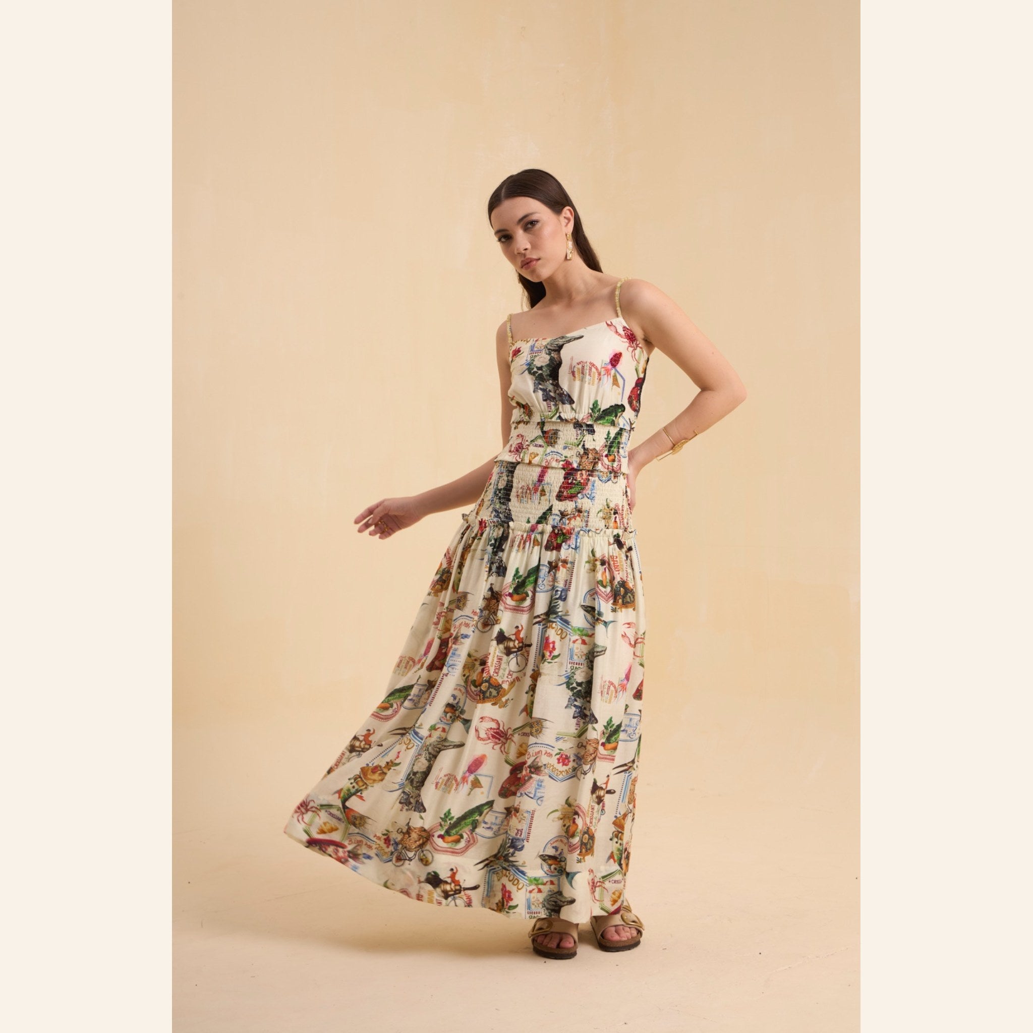 RIV IVORY PRINTED SMOCKED STAPPY DRESS LONG