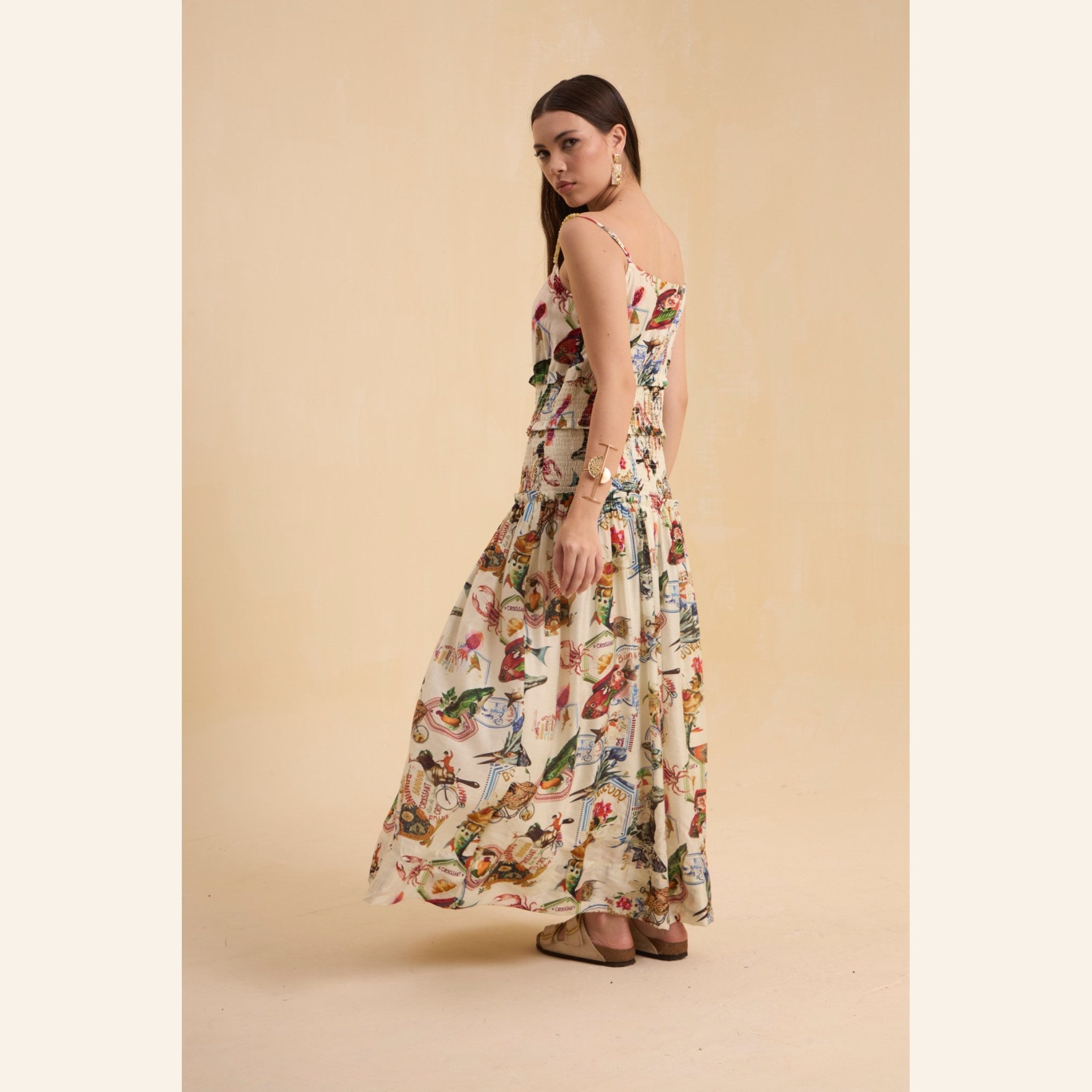 RIV IVORY PRINTED SMOCKED STAPPY DRESS LONG