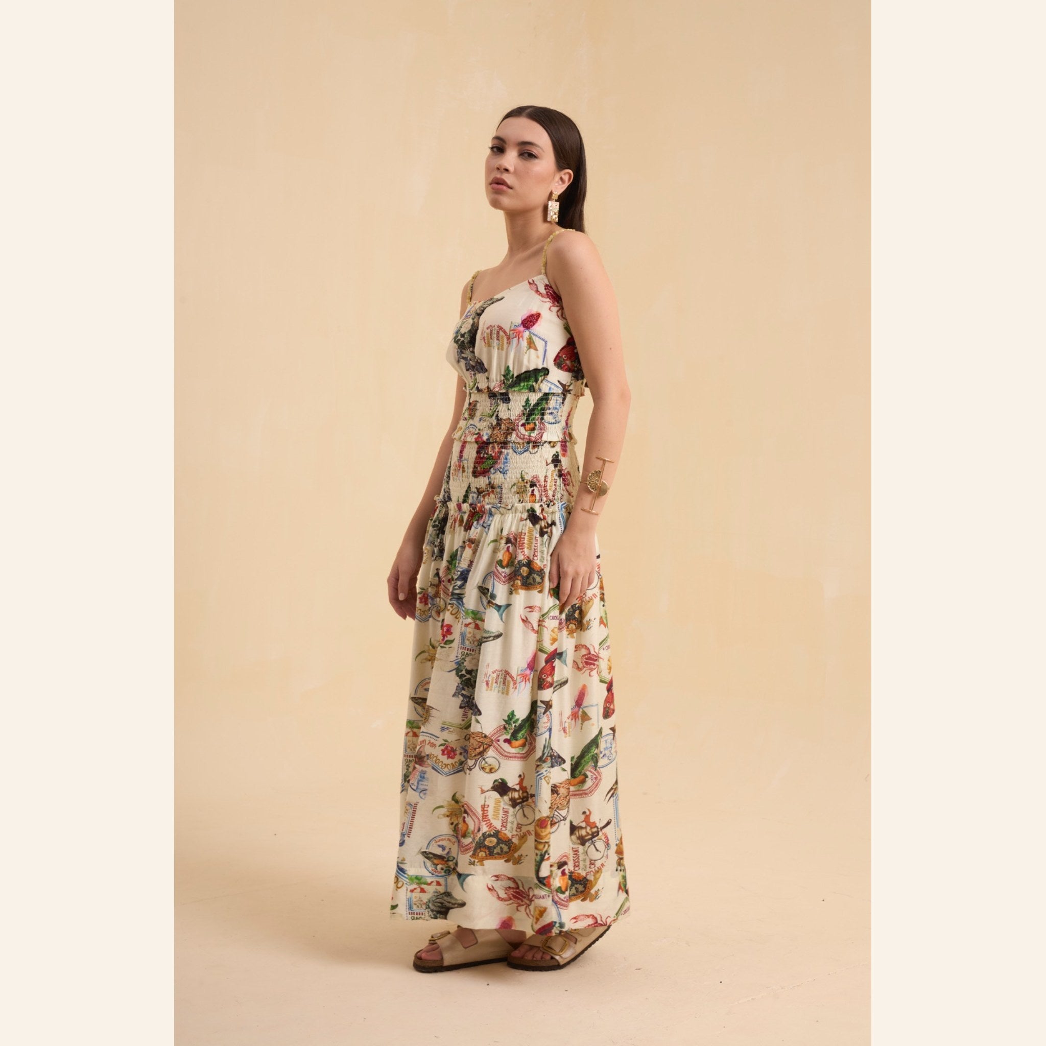 RIV IVORY PRINTED SMOCKED STAPPY DRESS LONG