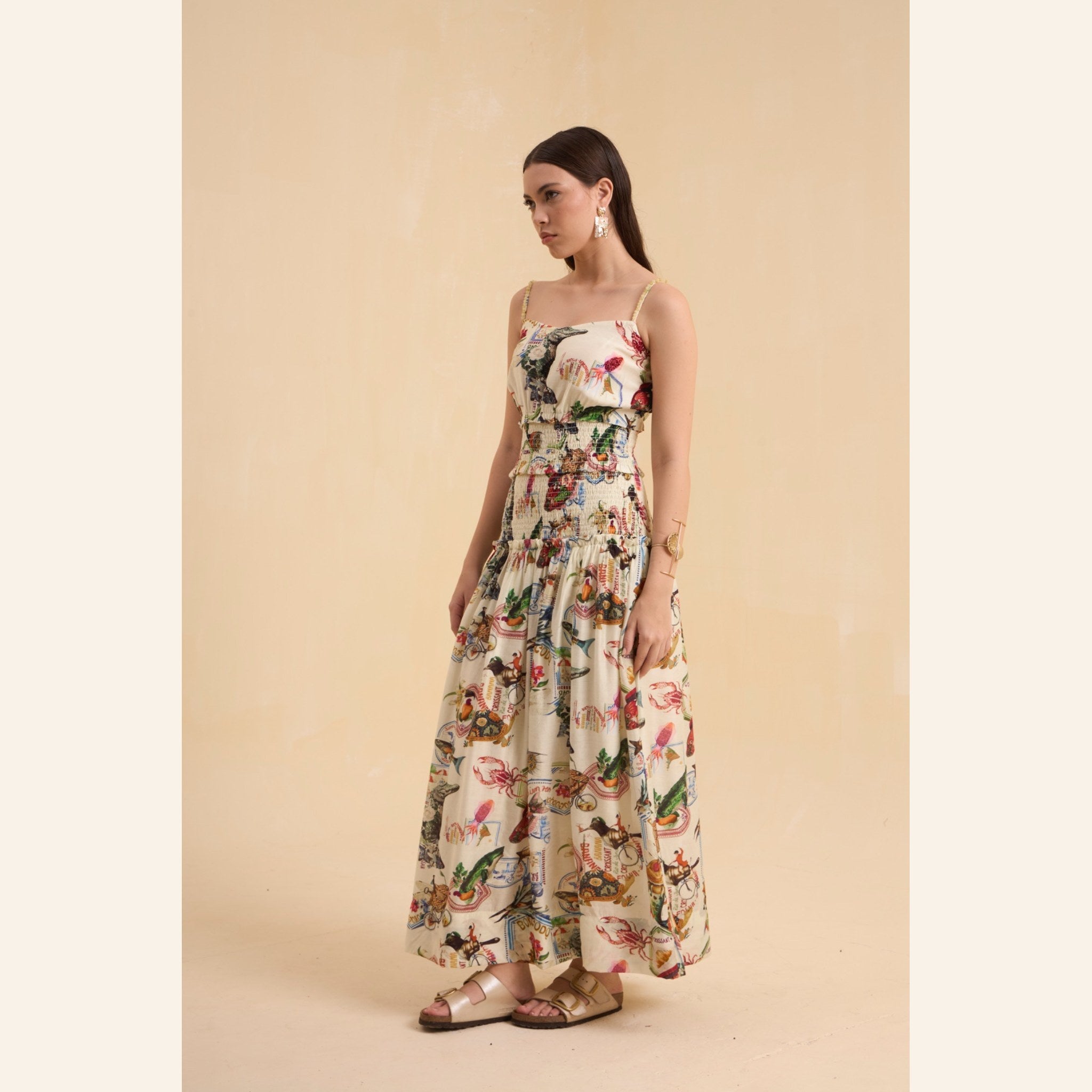 RIV IVORY PRINTED SMOCKED STAPPY DRESS LONG