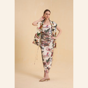 RIV IVORY PRINTED DRAPE DRESS LONG WITH BLAZER CO-ORD