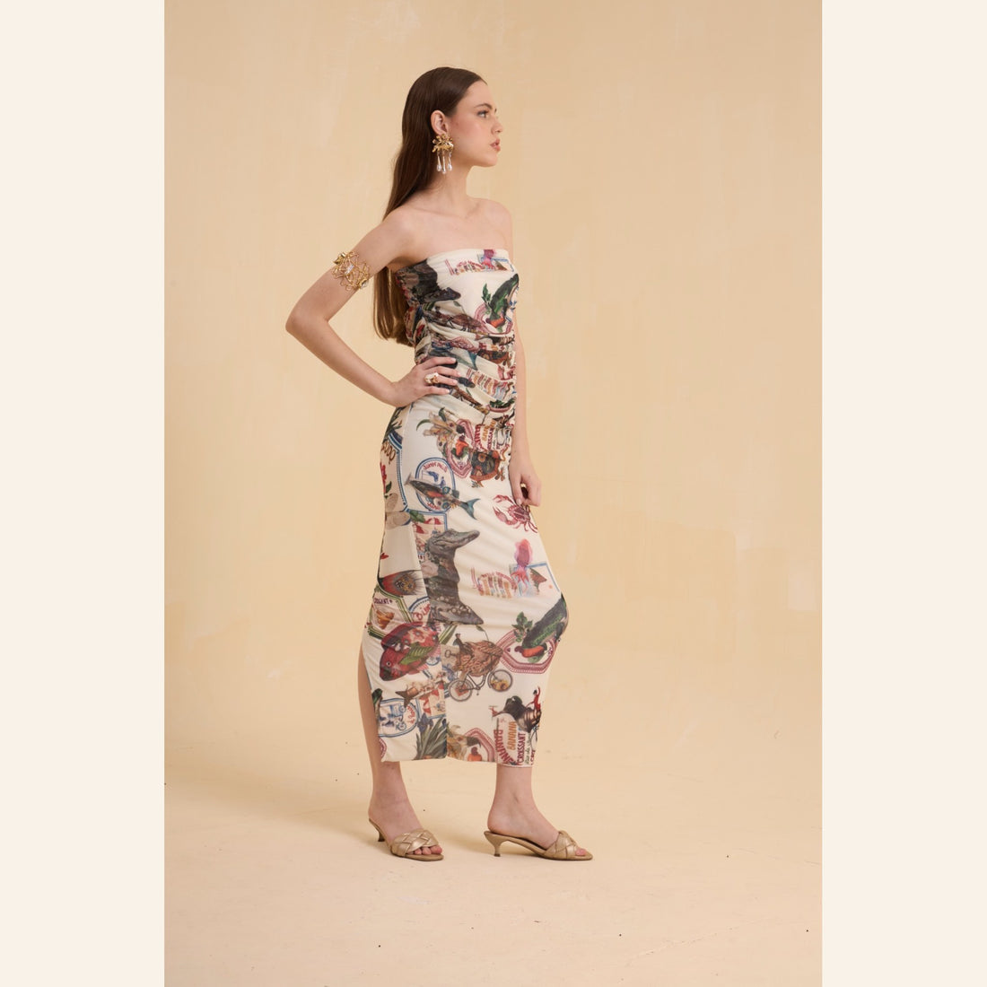 RIV IVORY PRINTED DRAPE DRESS LONG WITH BLAZER CO-ORD