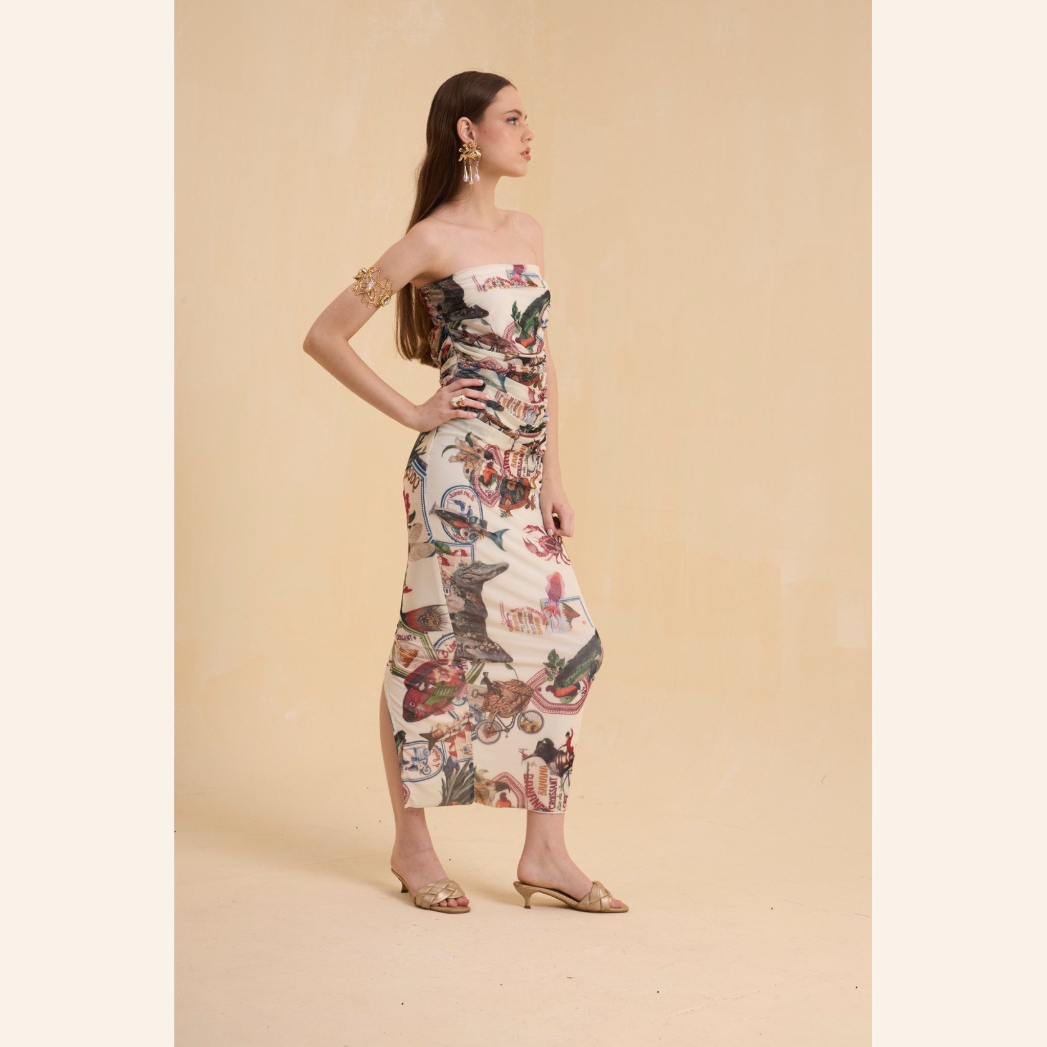 RIV IVORY PRINTED DRAPE DRESS LONG WITH BLAZER CO-ORD