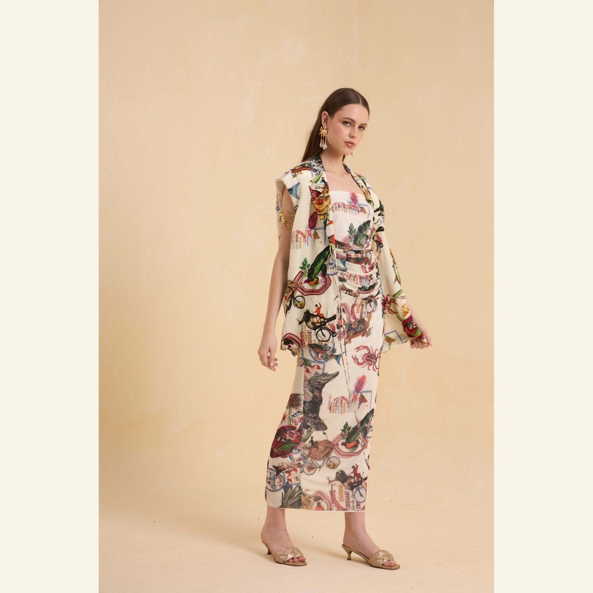 RIV IVORY PRINTED DRAPE DRESS LONG WITH BLAZER CO-ORD