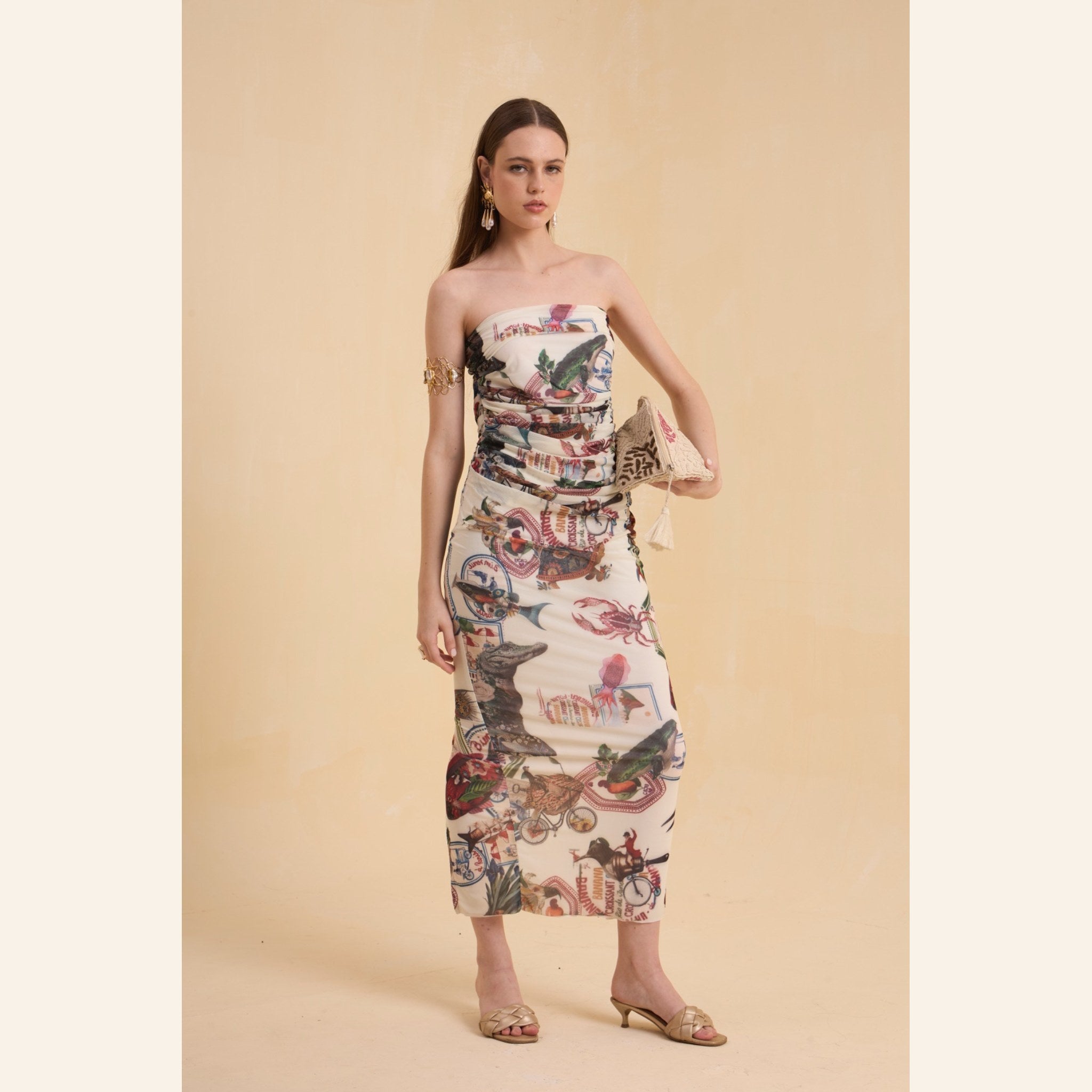RIV IVORY PRINTED DRAPE DRESS LONG WITH BLAZER CO-ORD