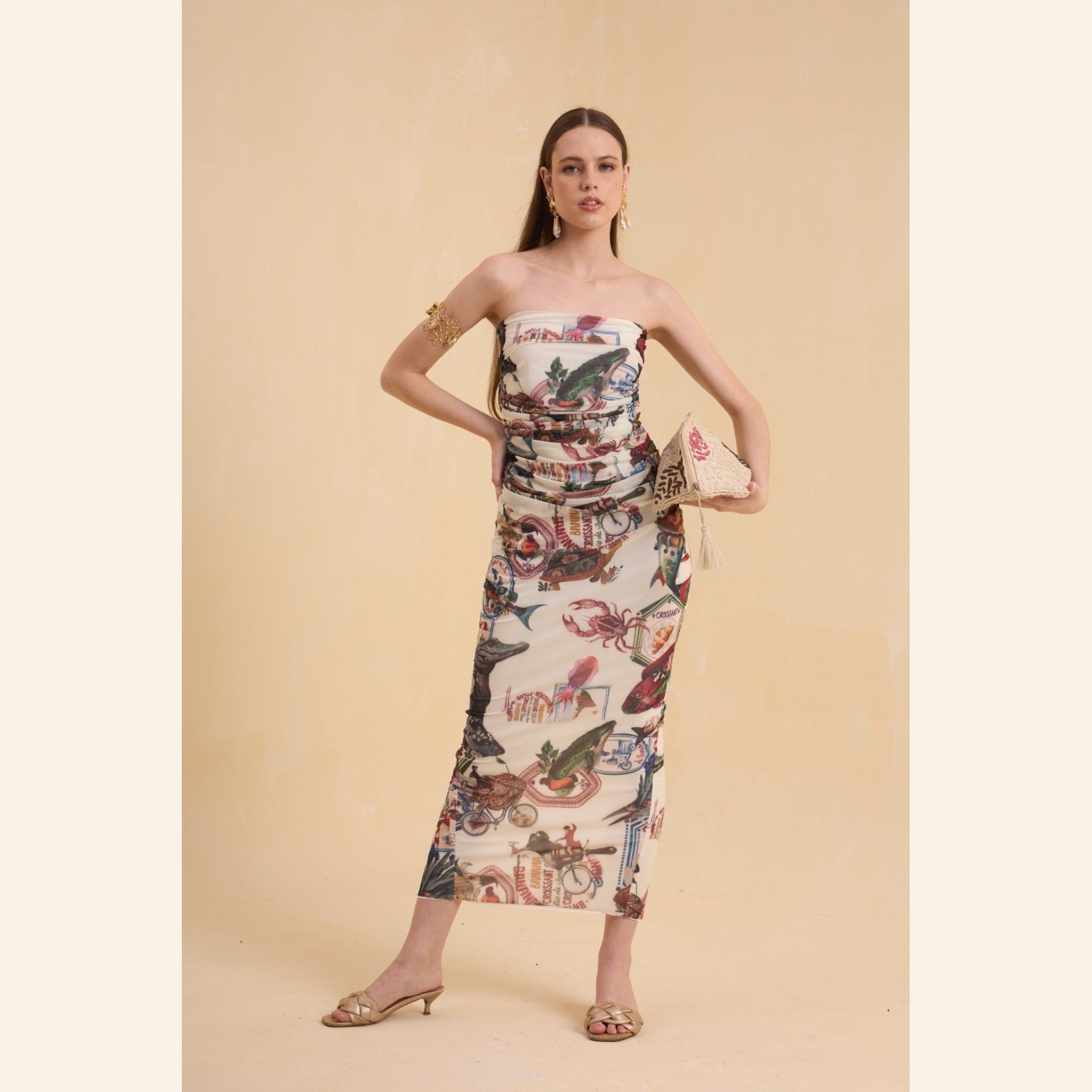 RIV IVORY PRINTED DRAPE DRESS LONG WITH BLAZER CO-ORD