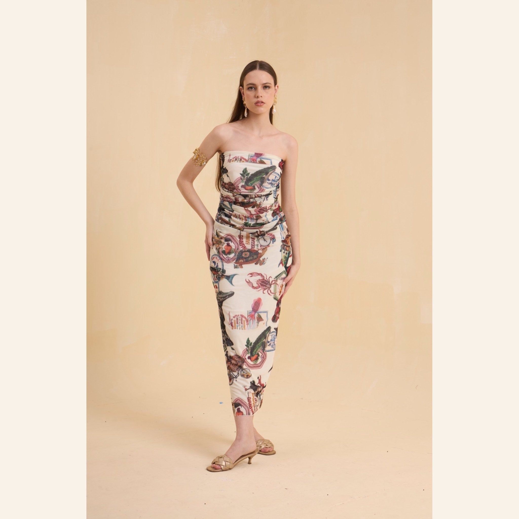 RIV IVORY PRINTED DRAPE DRESS LONG WITH BLAZER CO-ORD