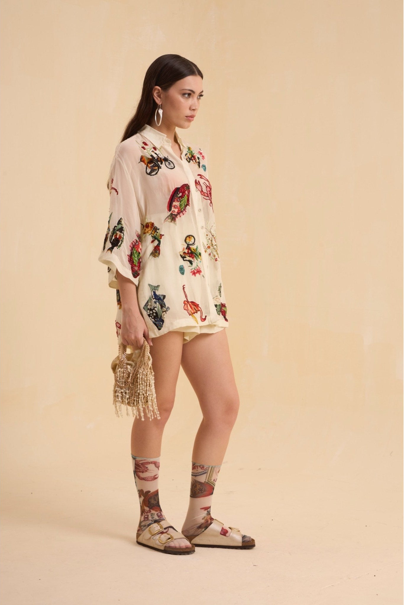 RIV IVORY PRINTED BEADED SHIRT WITH SHORTS CO-ORD