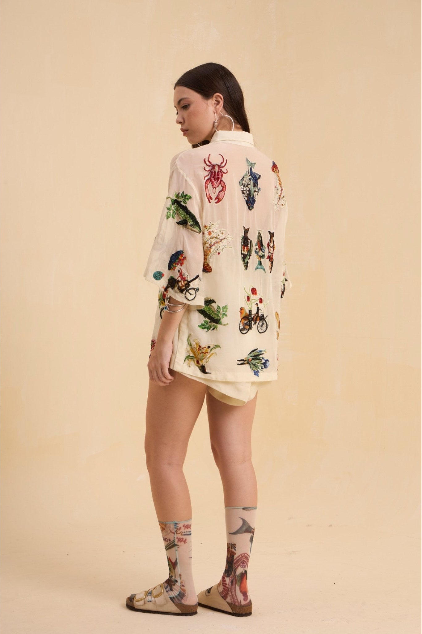 RIV IVORY PRINTED BEADED SHIRT WITH SHORTS CO-ORD