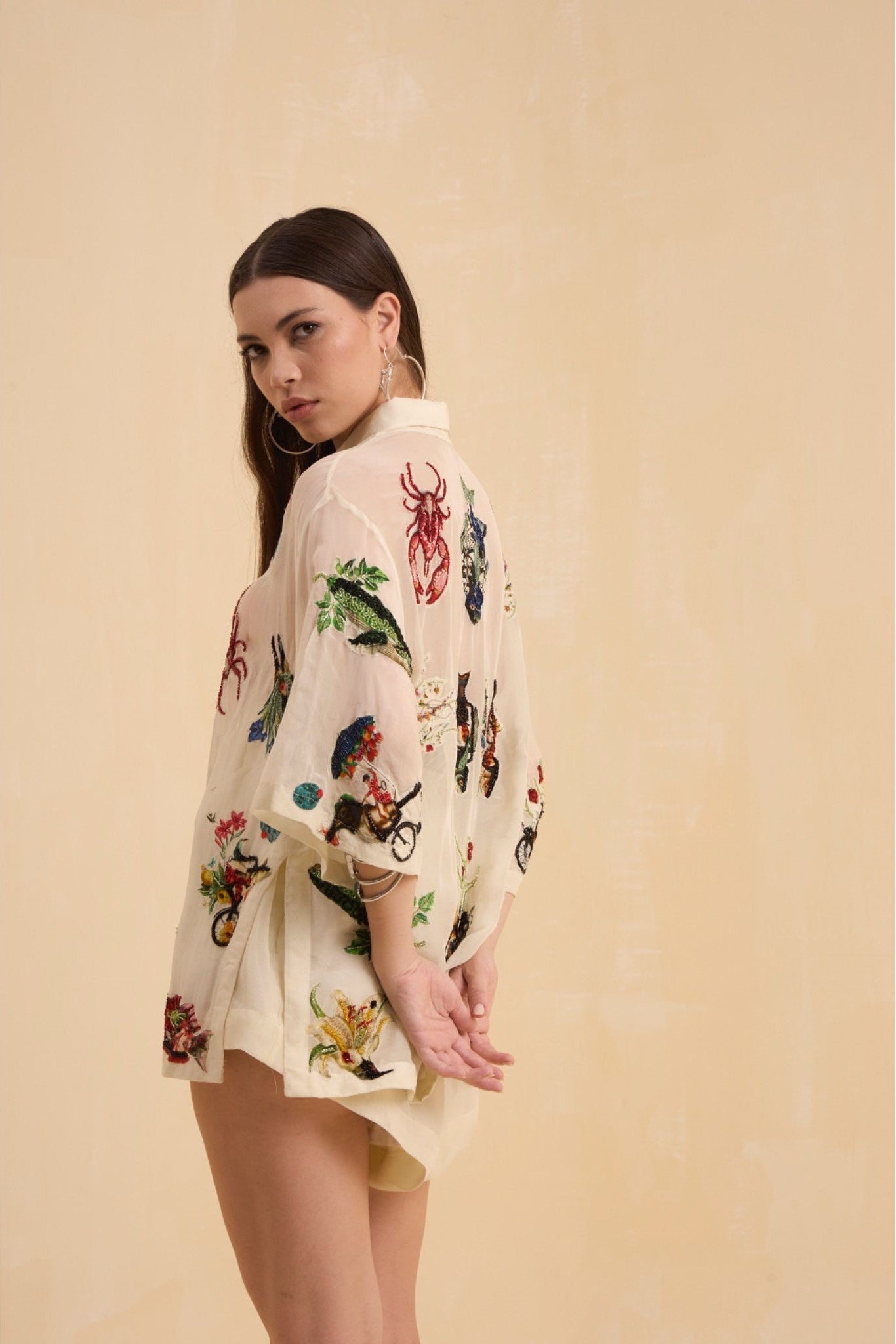RIV IVORY PRINTED BEADED SHIRT WITH SHORTS CO-ORD