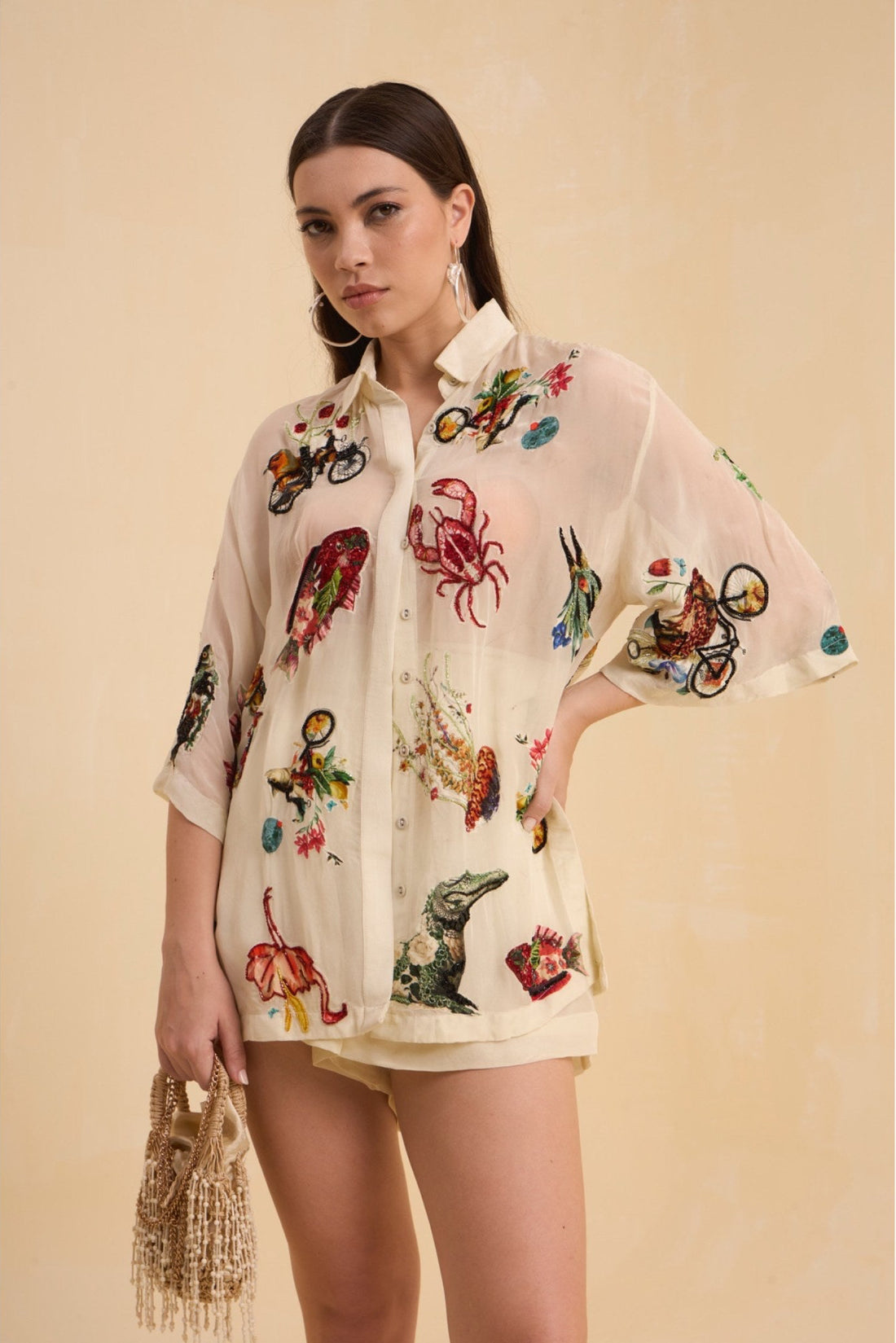 RIV IVORY PRINTED BEADED SHIRT WITH SHORTS CO-ORD