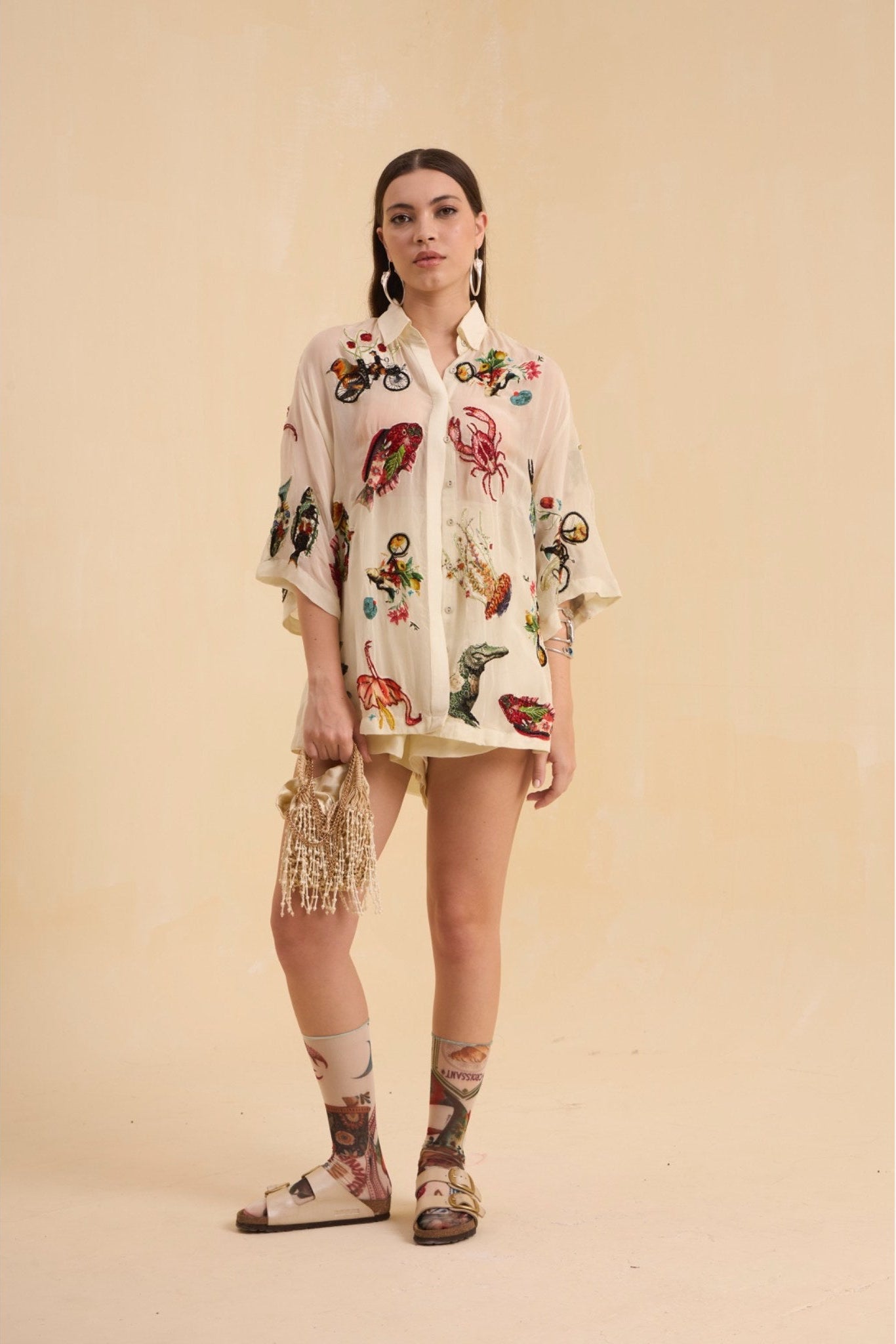 RIV IVORY PRINTED BEADED SHIRT WITH SHORTS CO-ORD