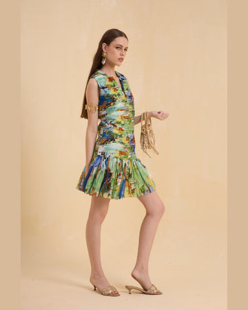RIV MULTICOLOR PRINTED RUCHED DRESS SHORT