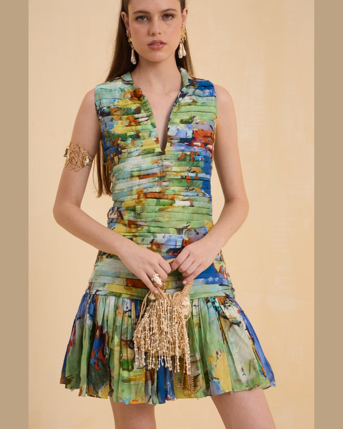 RIV MULTICOLOR PRINTED RUCHED DRESS SHORT