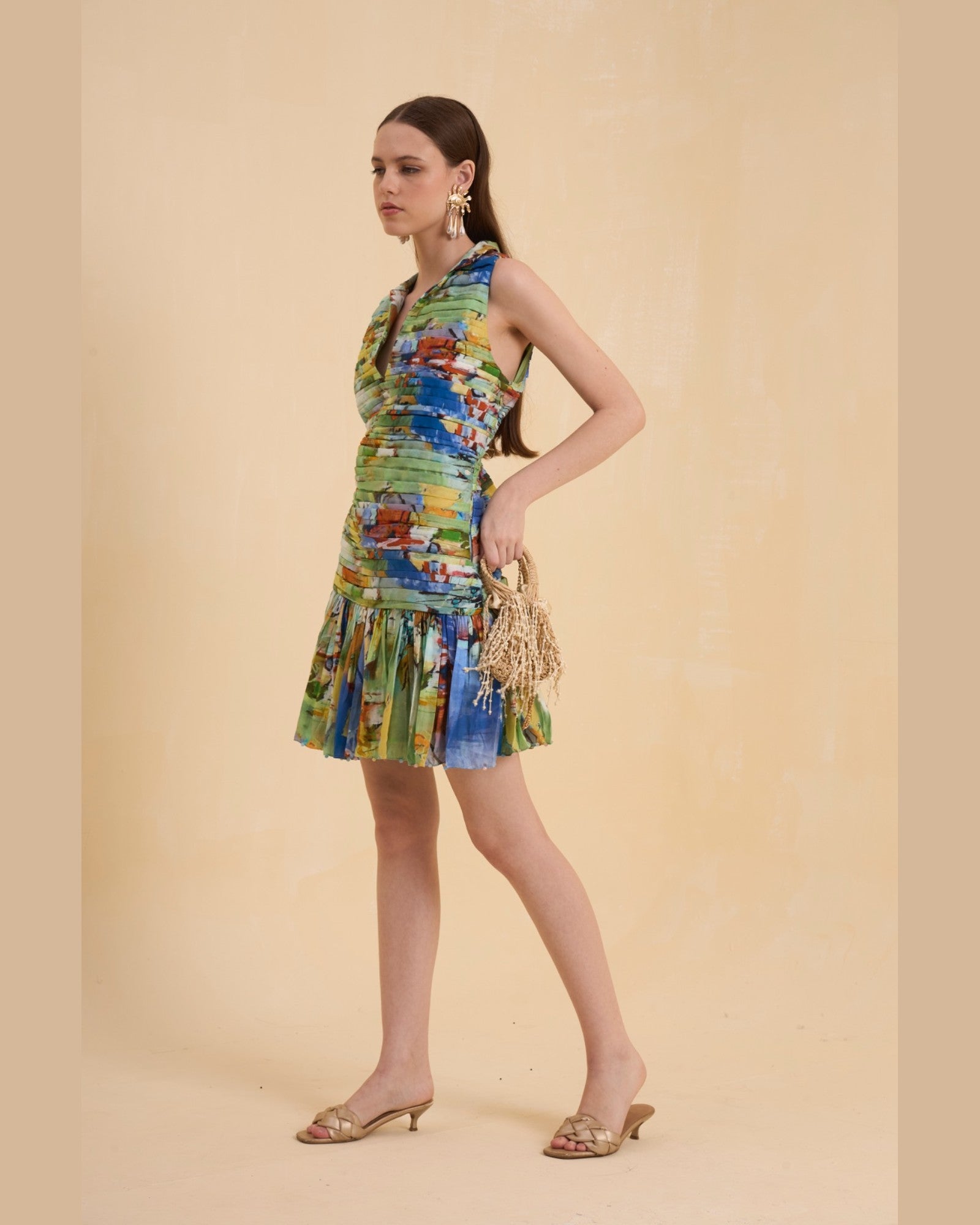 RIV MULTICOLOR PRINTED RUCHED DRESS SHORT