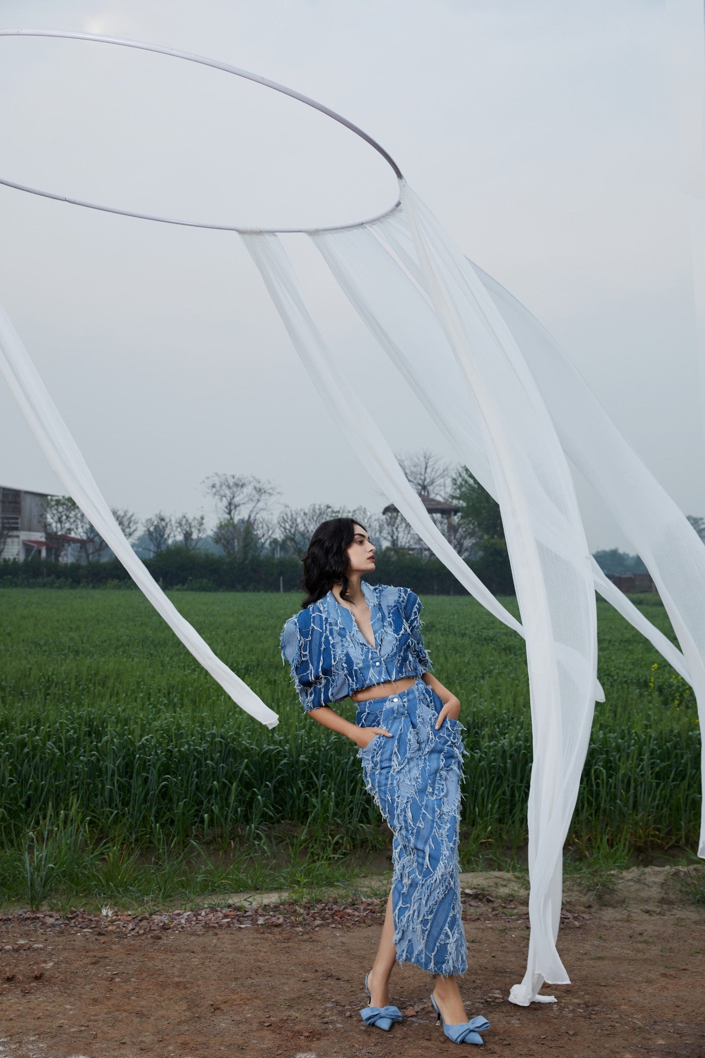 CRUNK LIGHT BLUE WASH FRINGED DENIM STRUCTURED SKIRT