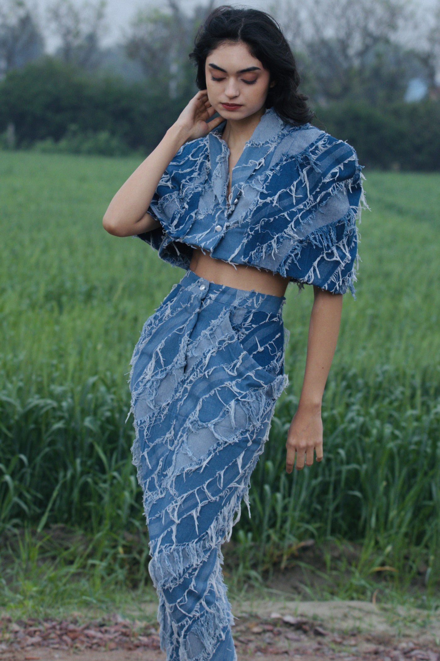 CRUNK LIGHT BLUE WASH FRINGED DENIM STRUCTURED SKIRT