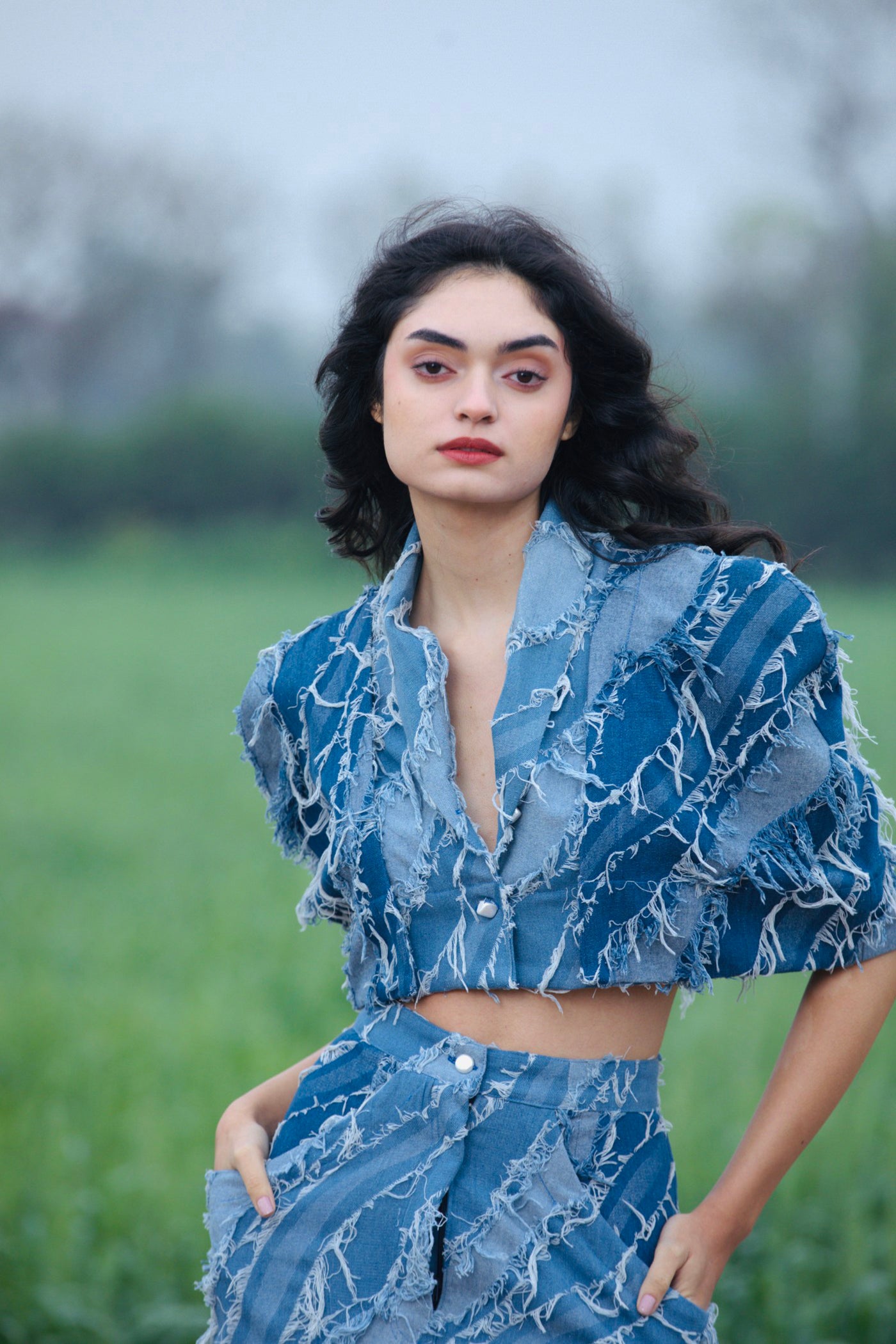 CRUNK LIGHT BLUE WASH FRINGED DENIM CROPPED JACKET