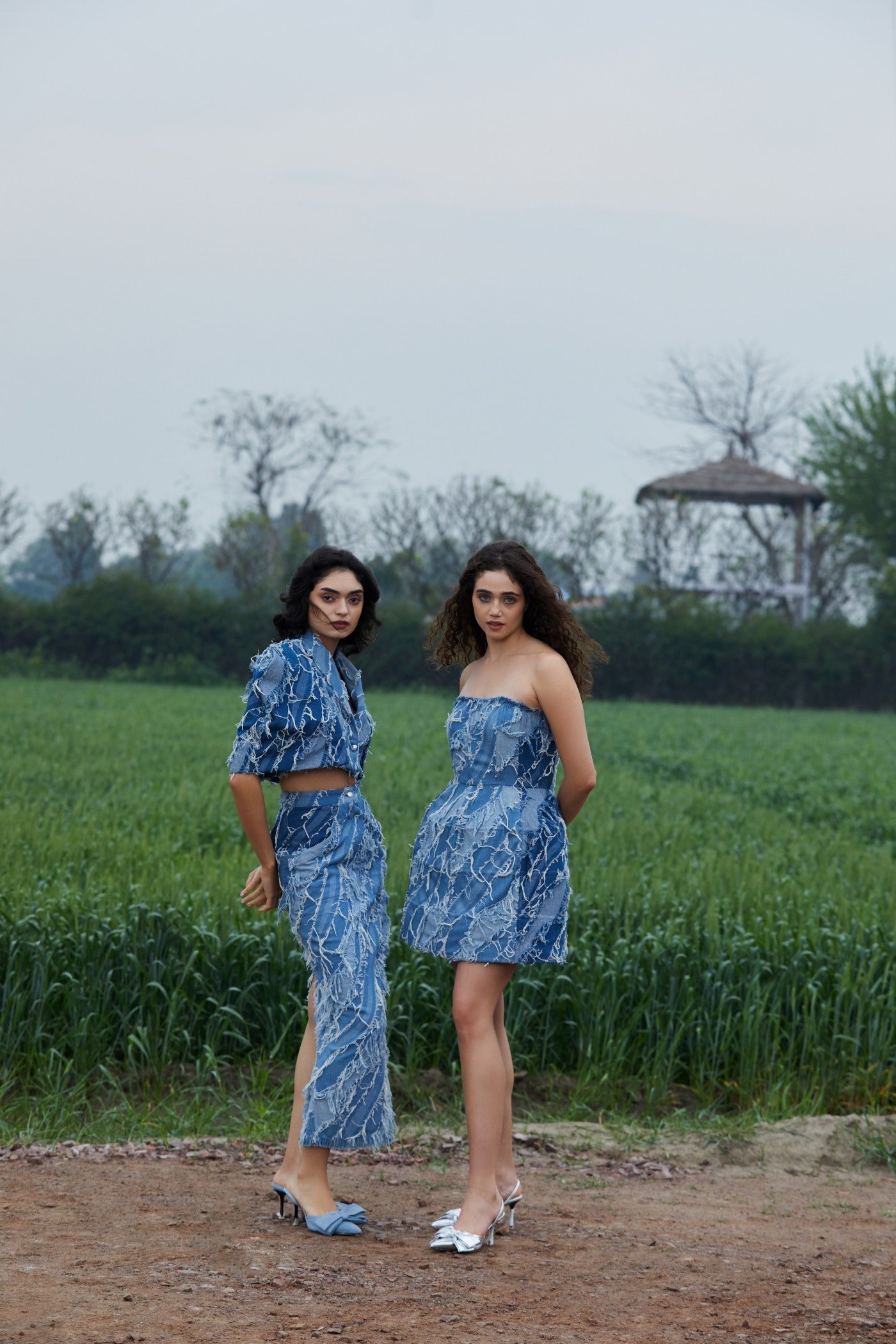 CRUNK LIGHT BLUE WASH FRINGED DENIM STRUCTURED SKIRT
