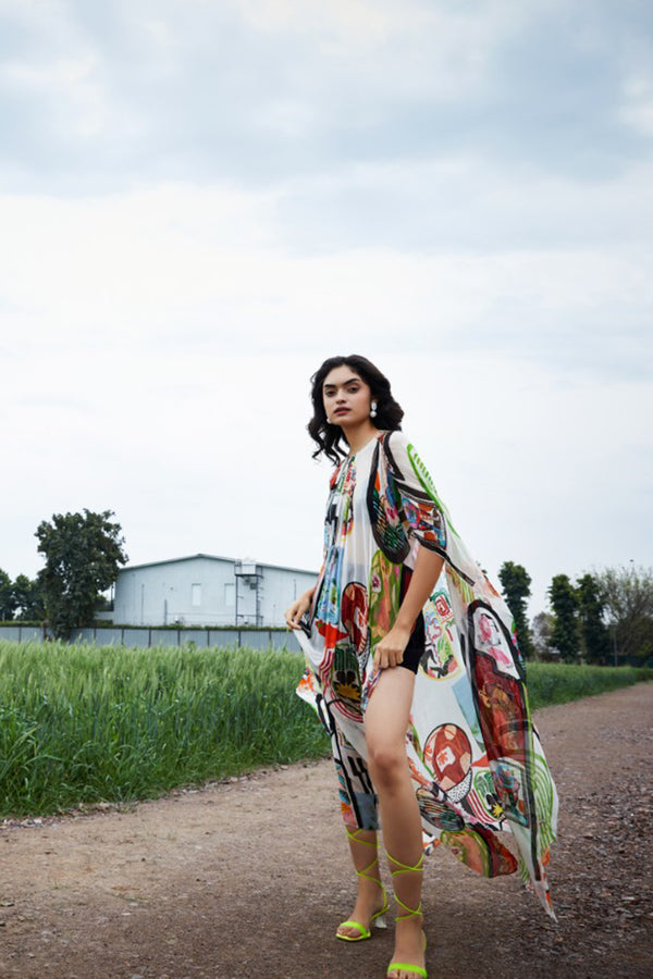 CRUNK VARICOLORED PAINTING PRINTED EMBELLISHED KAFTAN