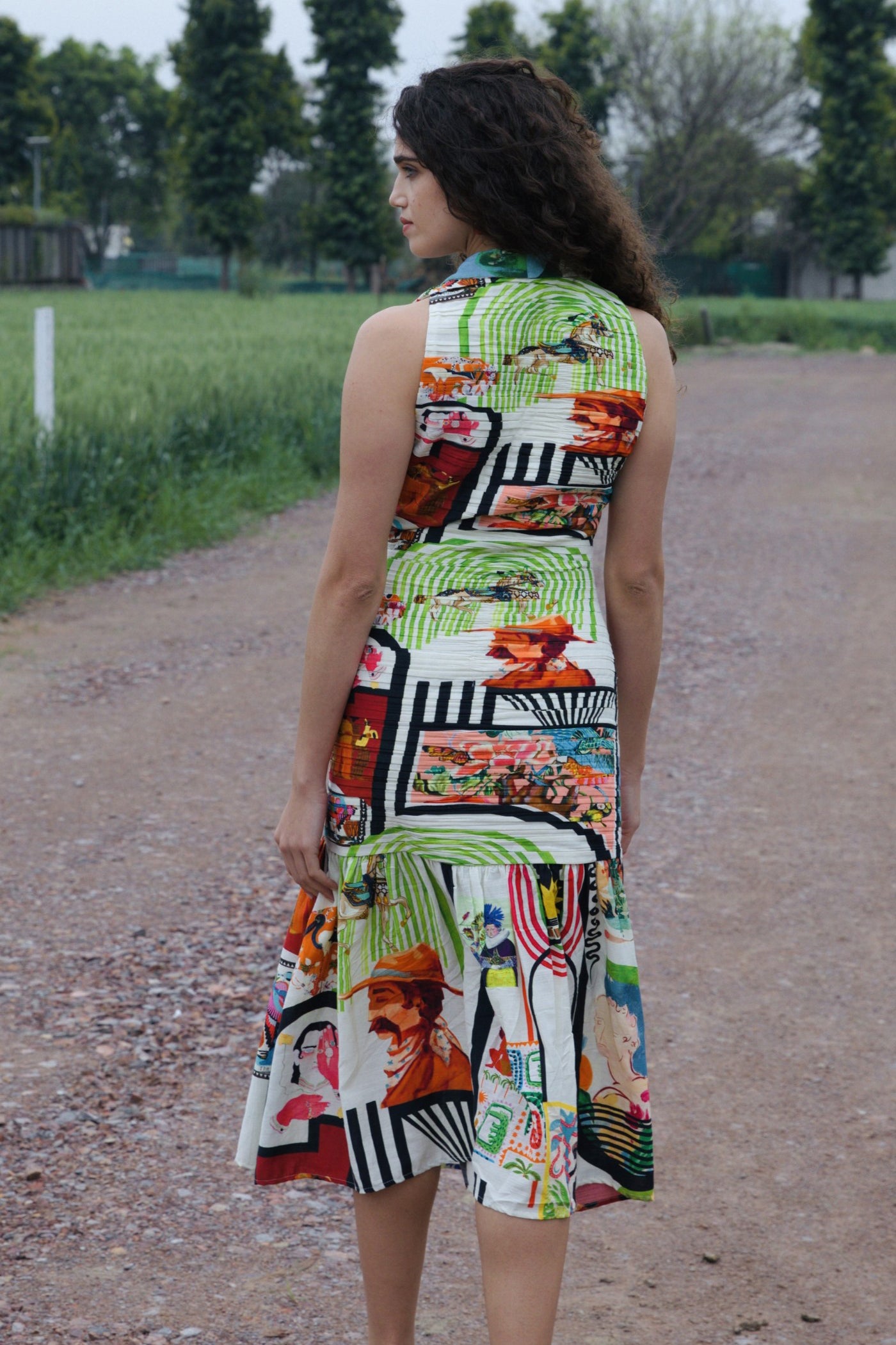 CRUNK VARICOLORED PAINTING PRINTED RUCHED MIDI DRESS