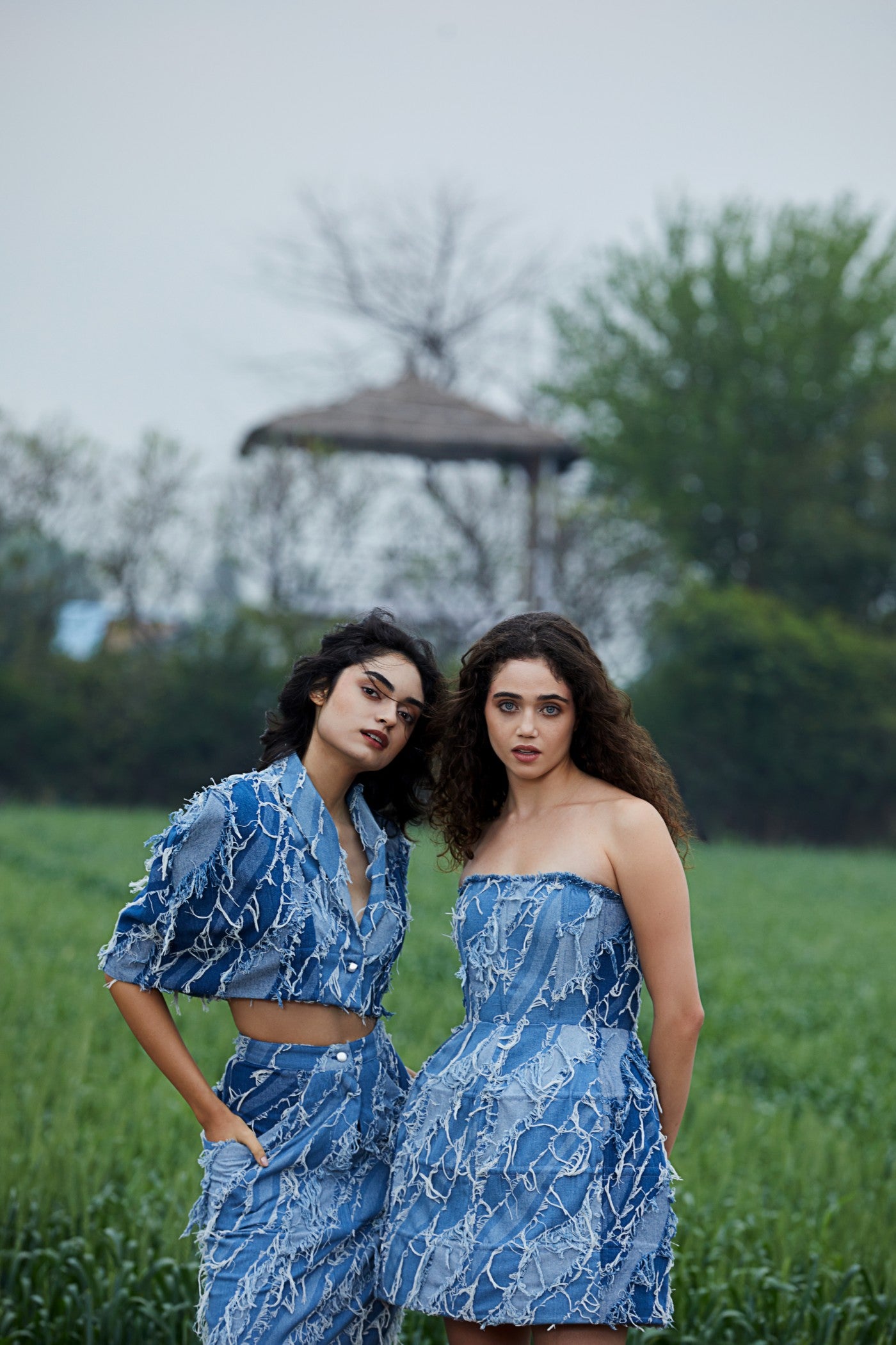 CRUNK LIGHT BLUE WASH FRINGED DENIM MINI DRESS