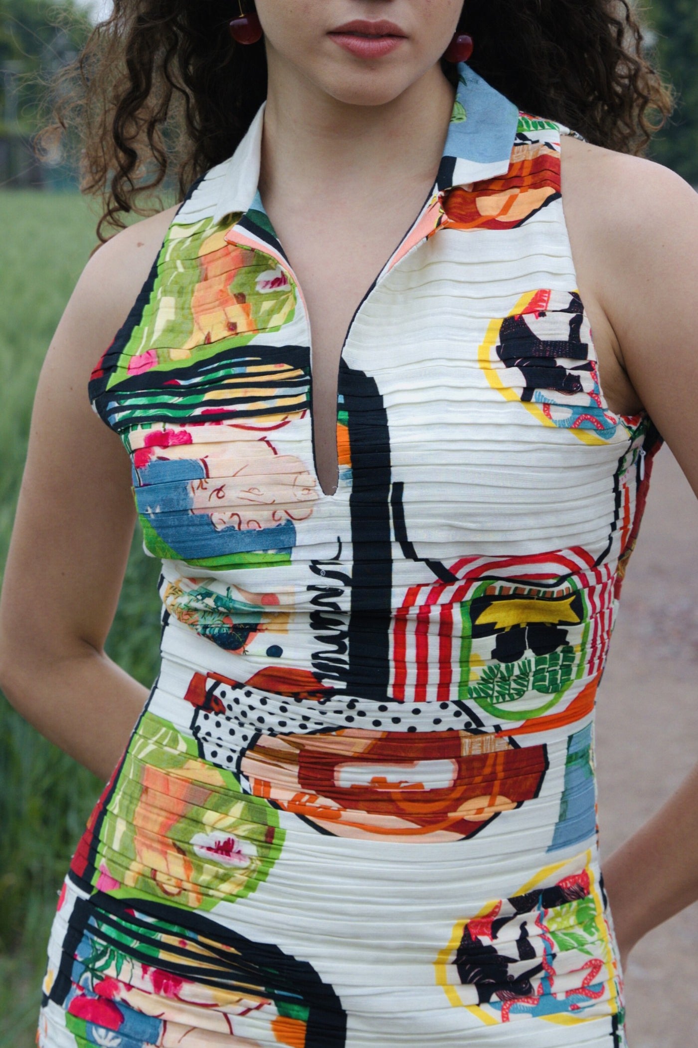 CRUNK VARICOLORED PAINTING PRINTED RUCHED MIDI DRESS