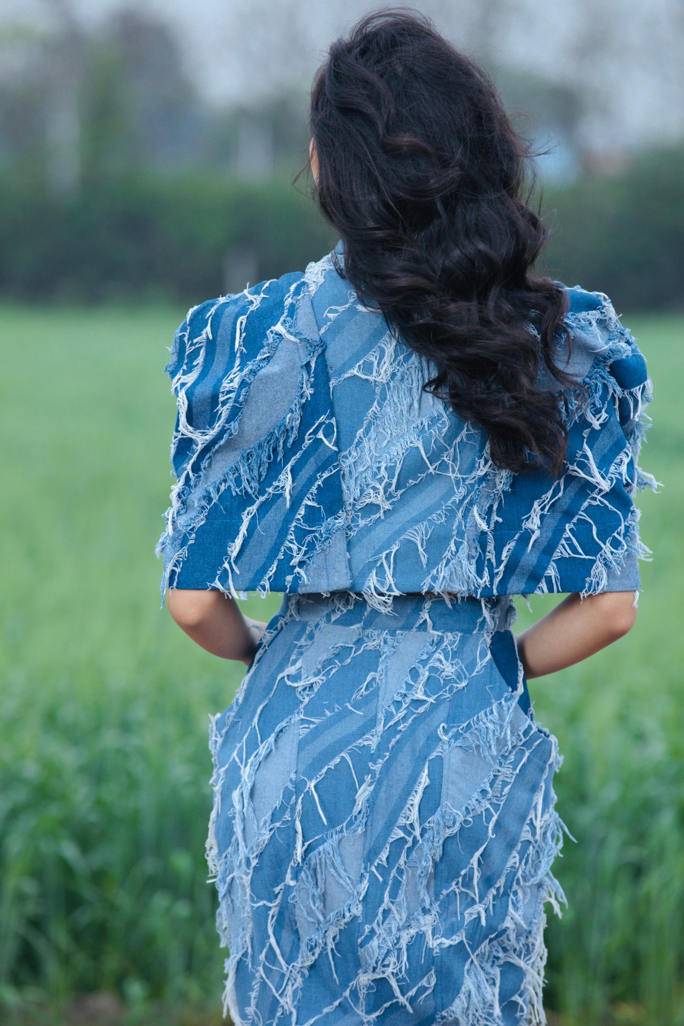 CRUNK LIGHT BLUE WASH FRINGED DENIM CROPPED JACKET