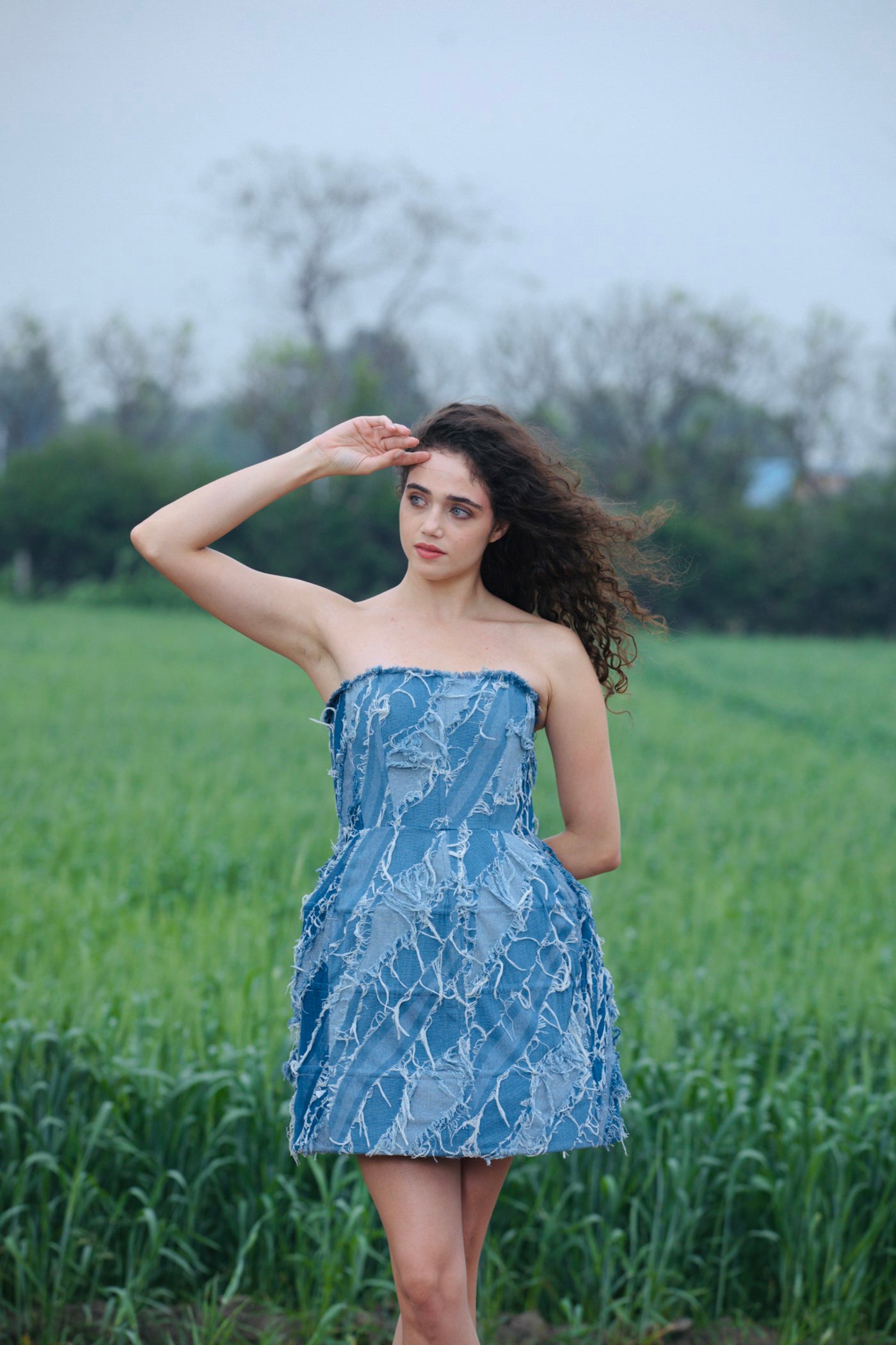 CRUNK LIGHT BLUE WASH FRINGED DENIM MINI DRESS