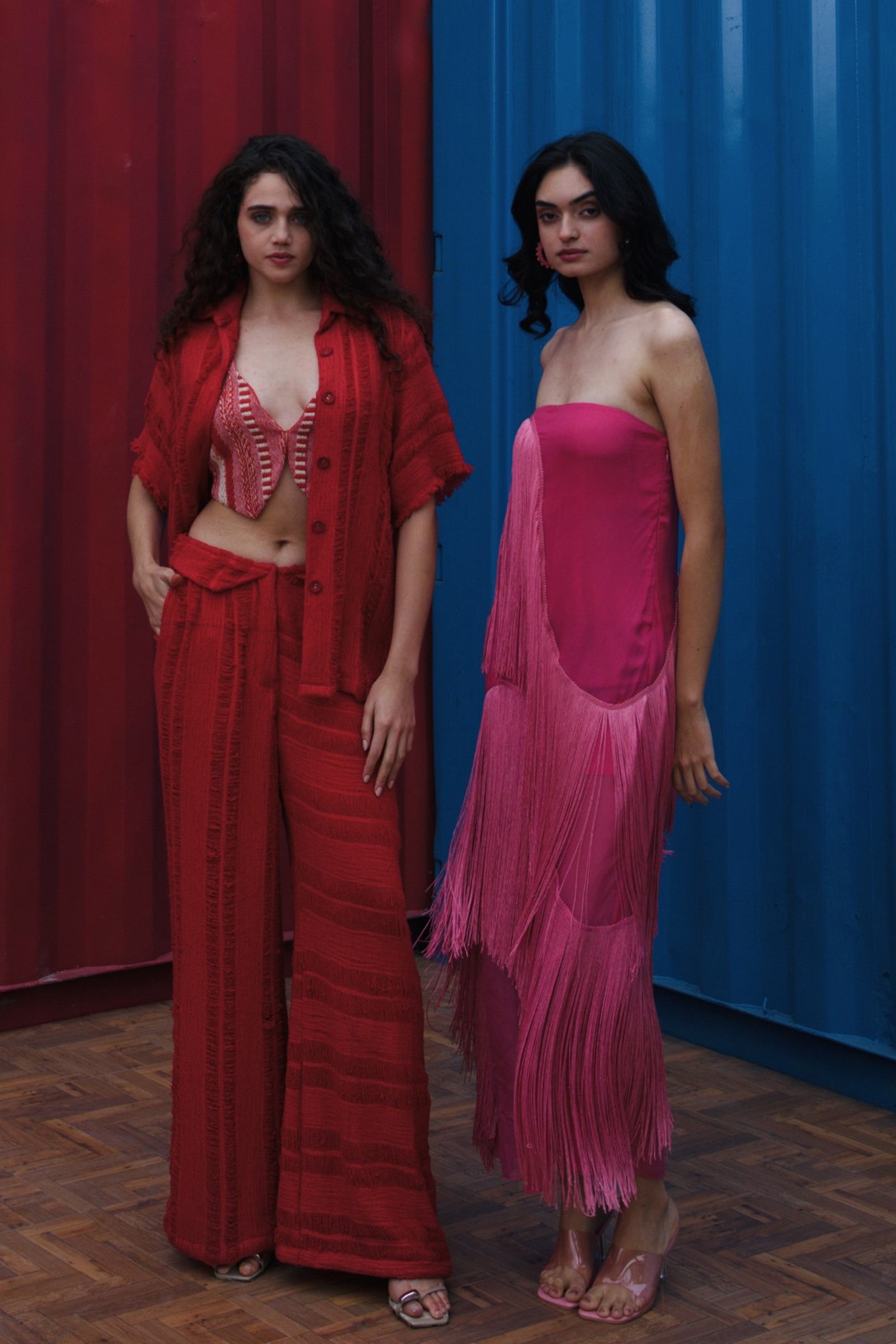 CRUNK RED SHEER JACQUARD STRIPE CO-ORD (SHIRT, PANTS AND VEST)