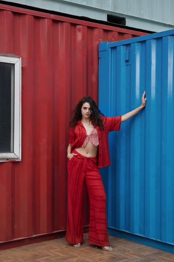 CRUNK RED SHEER JACQUARD STRIPE CO-ORD (SHIRT, PANTS AND VEST)