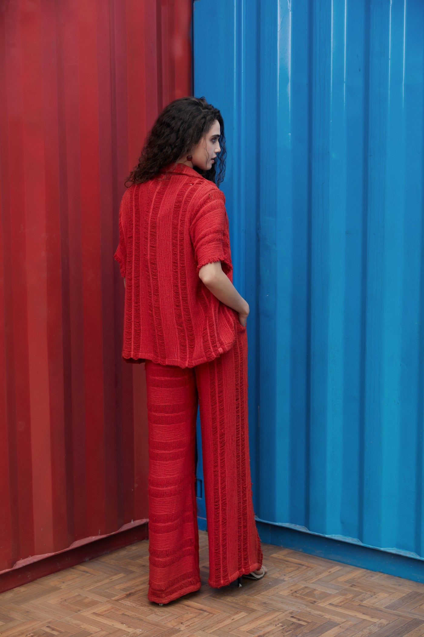 CRUNK RED SHEER JACQUARD STRIPE CO-ORD (SHIRT, PANTS AND VEST)