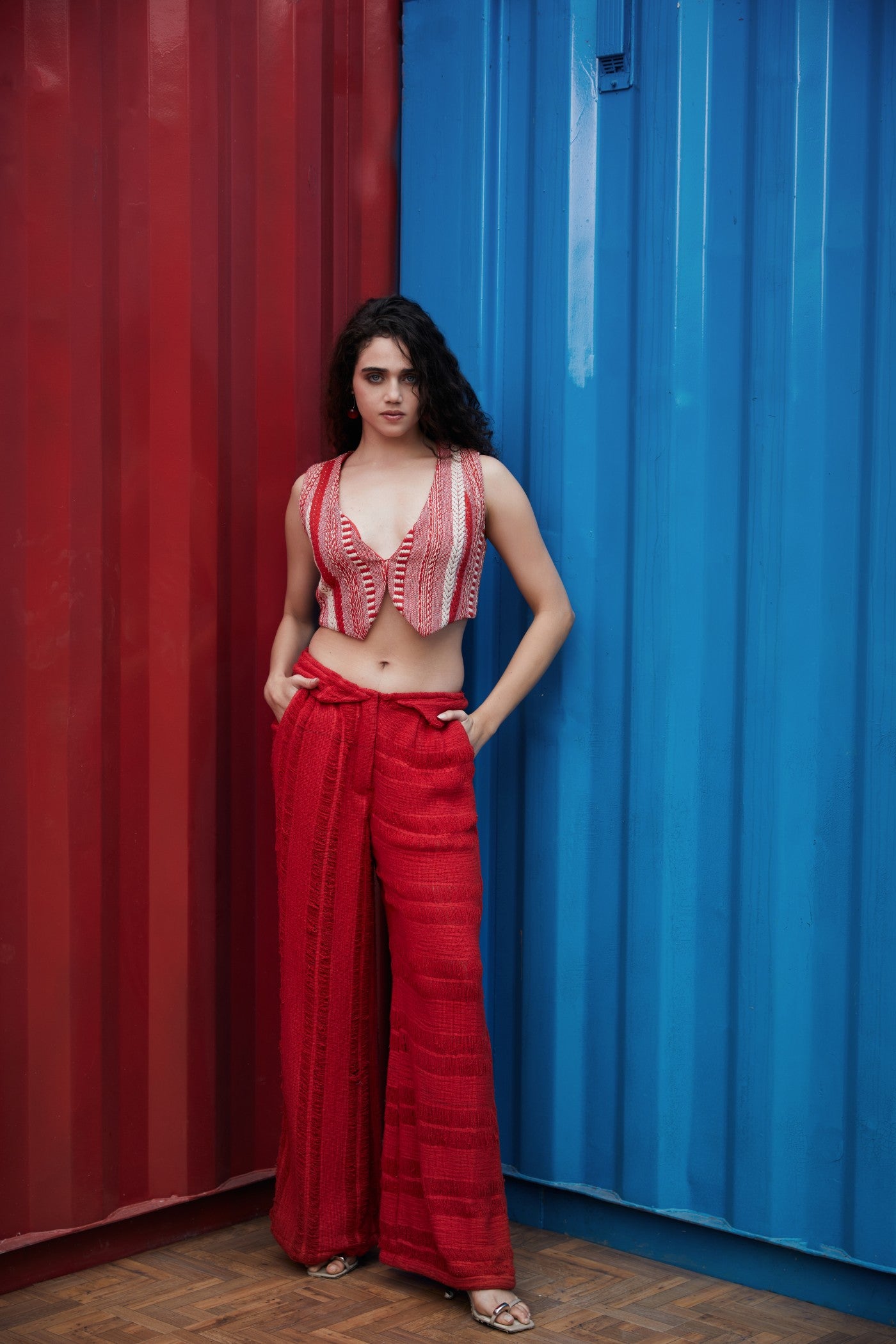 CRUNK RED SHEER JACQUARD STRIPE CO-ORD (SHIRT, PANTS AND VEST)