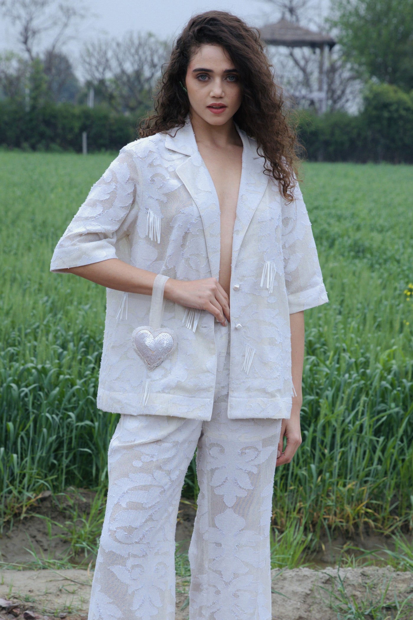 CRUNK IVORY SELF JACQUARD PANTS