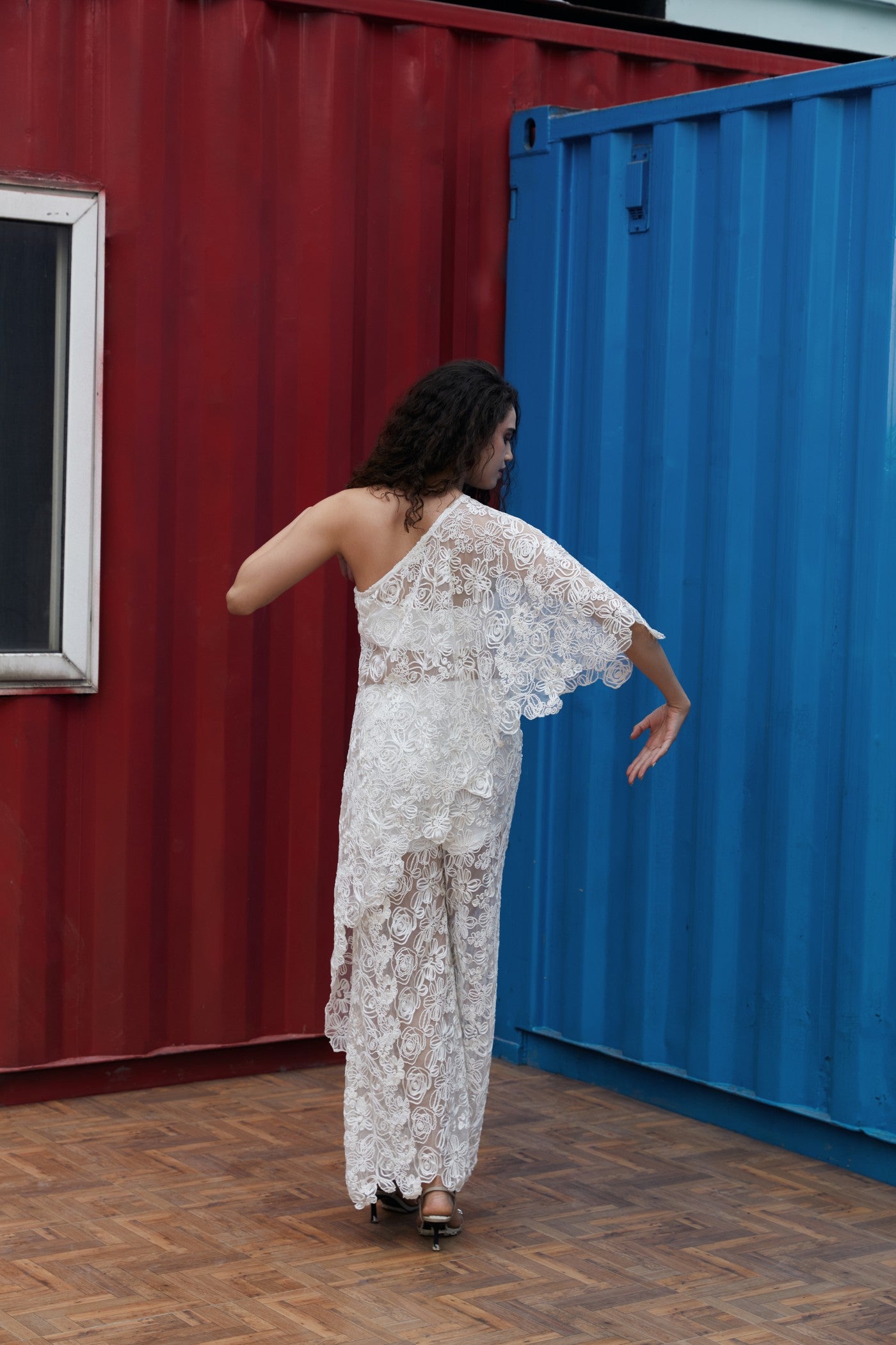 CRUNK IVORY FLORAL LACED CO-ORD (ASYMMETRICAL TOP WITH PANTS)