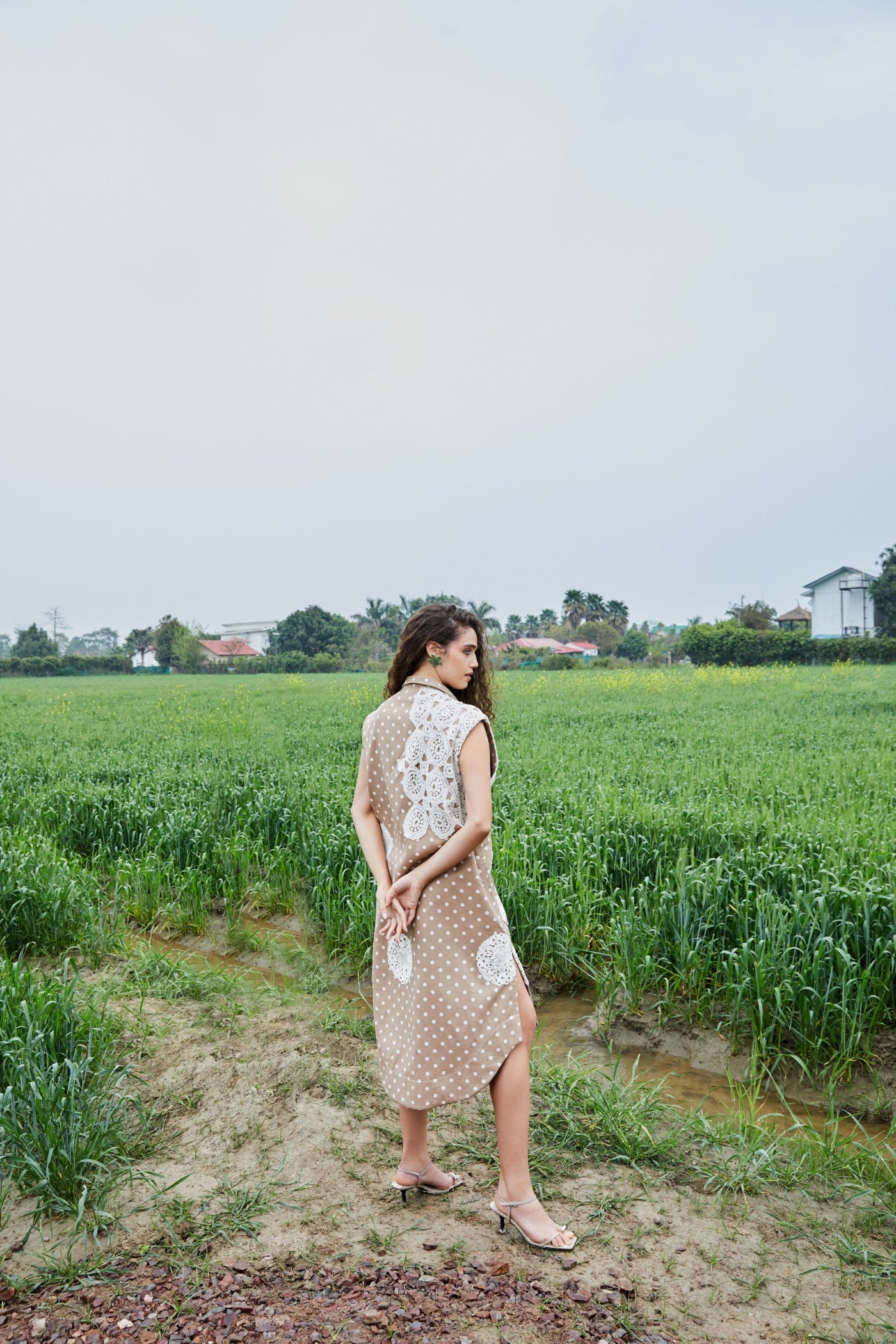 CRUNK TAN POLKA DOT CROCHET EMBELLISHED JACKET DRESS