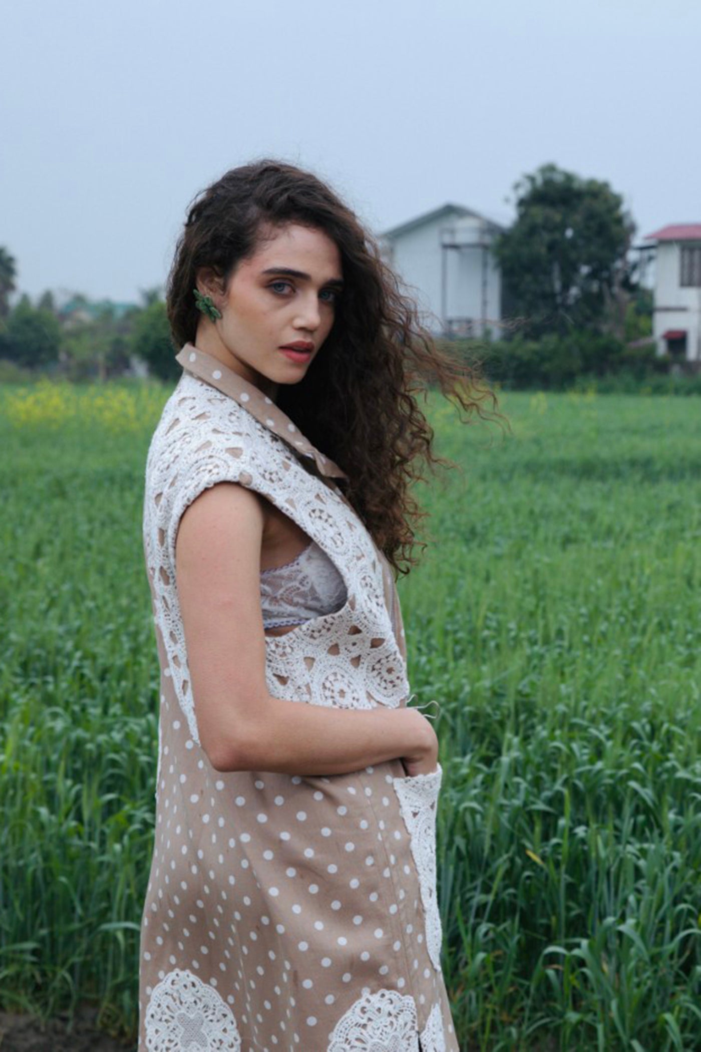 CRUNK TAN POLKA DOT CROCHET EMBELLISHED JACKET DRESS