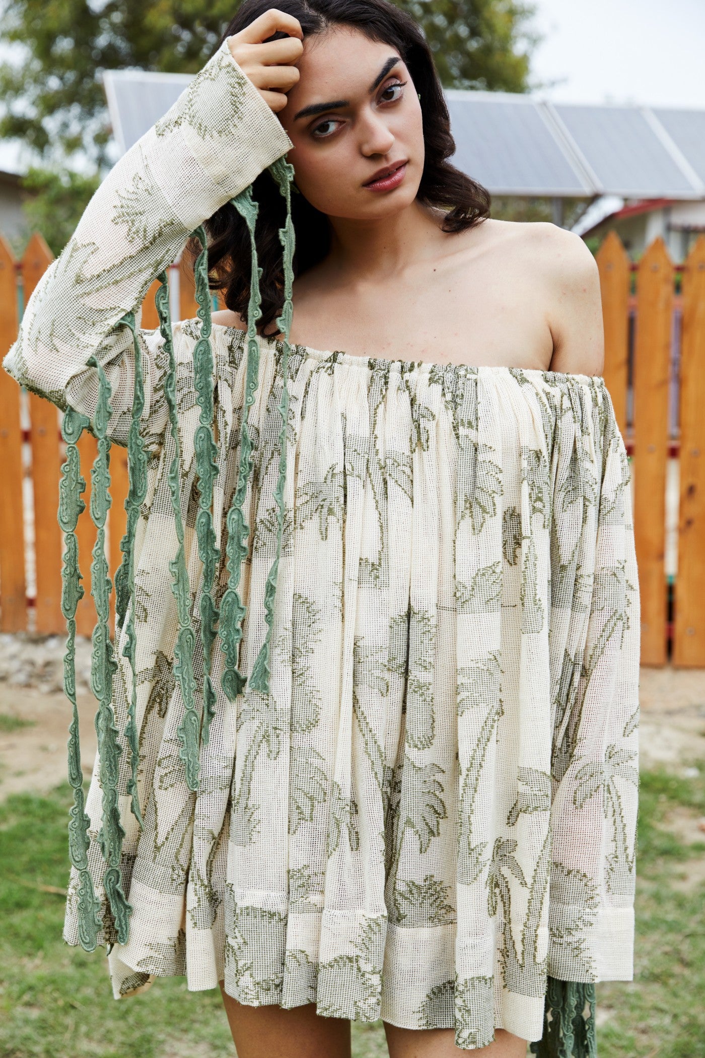 CRUNK OLIVE SELF SHEER JACQUARD OFFSHOULDER DRESS