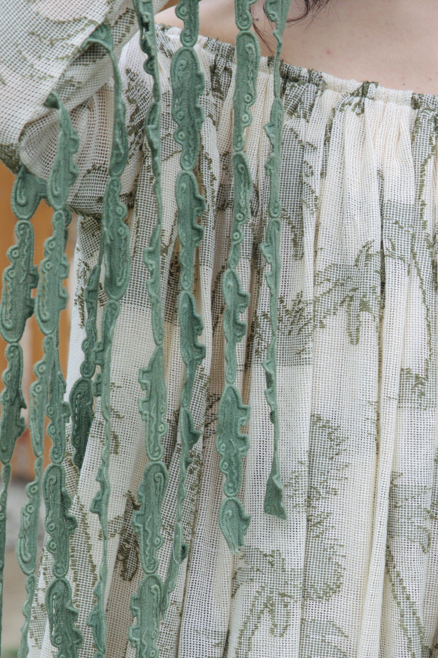 CRUNK OLIVE SELF SHEER JACQUARD OFFSHOULDER DRESS