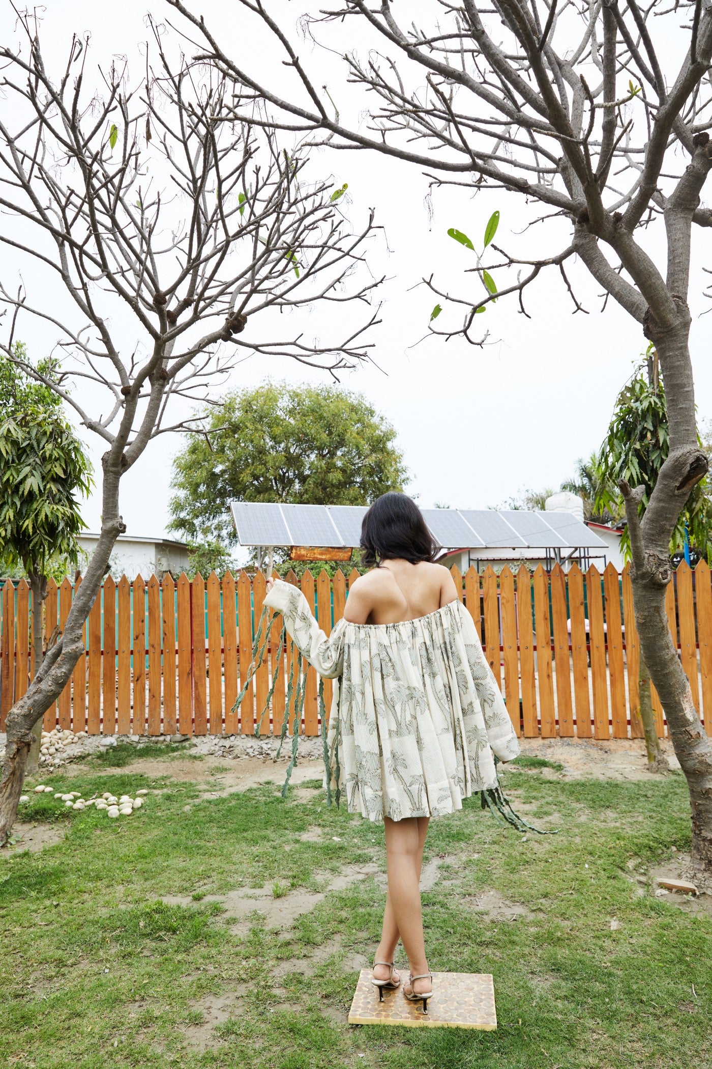 CRUNK OLIVE SELF SHEER JACQUARD OFFSHOULDER DRESS