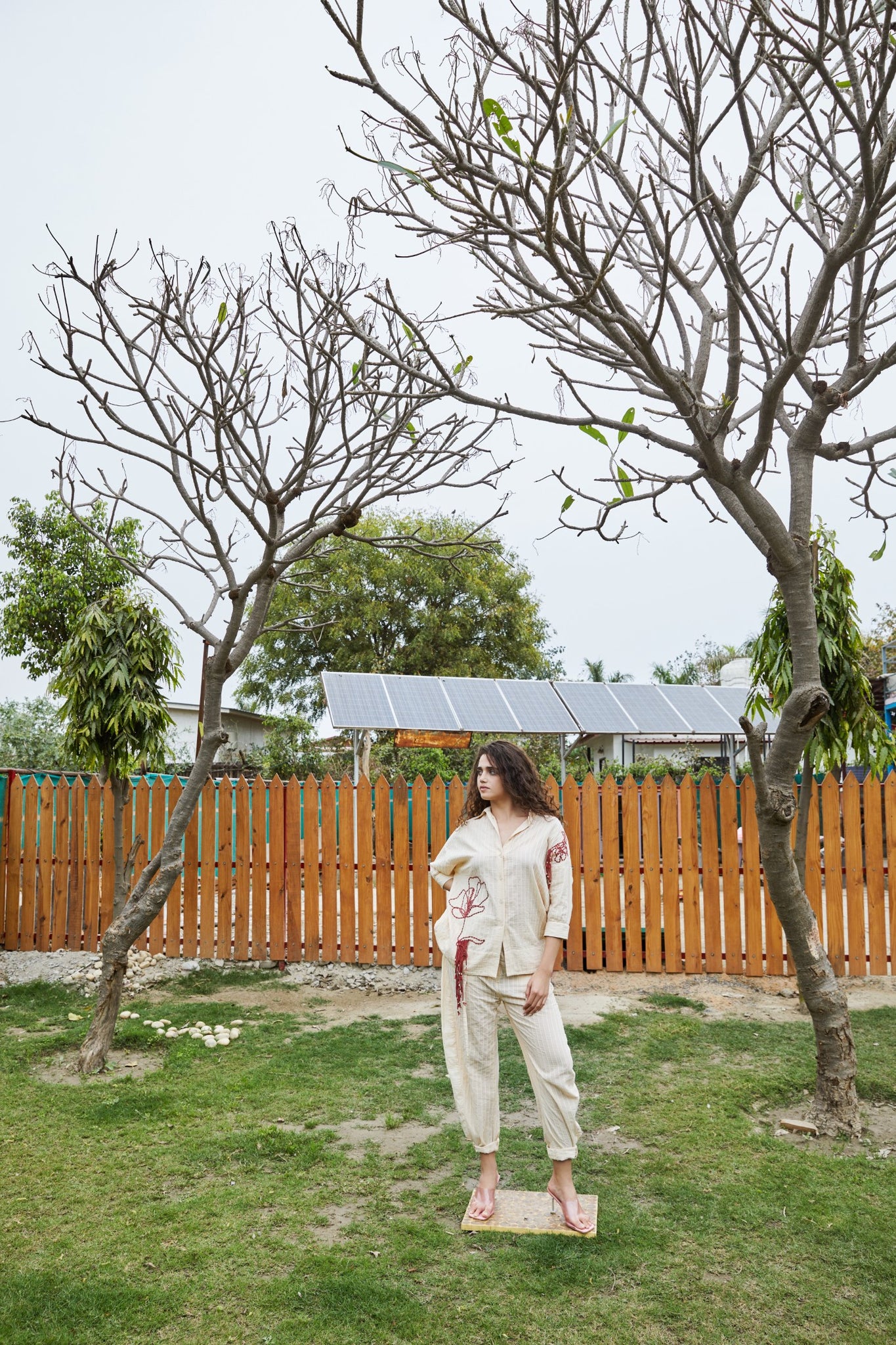 CRUNK ECRU STRIPED EMBELLISHED CO-ORD (SHIRT WITH PANTS)